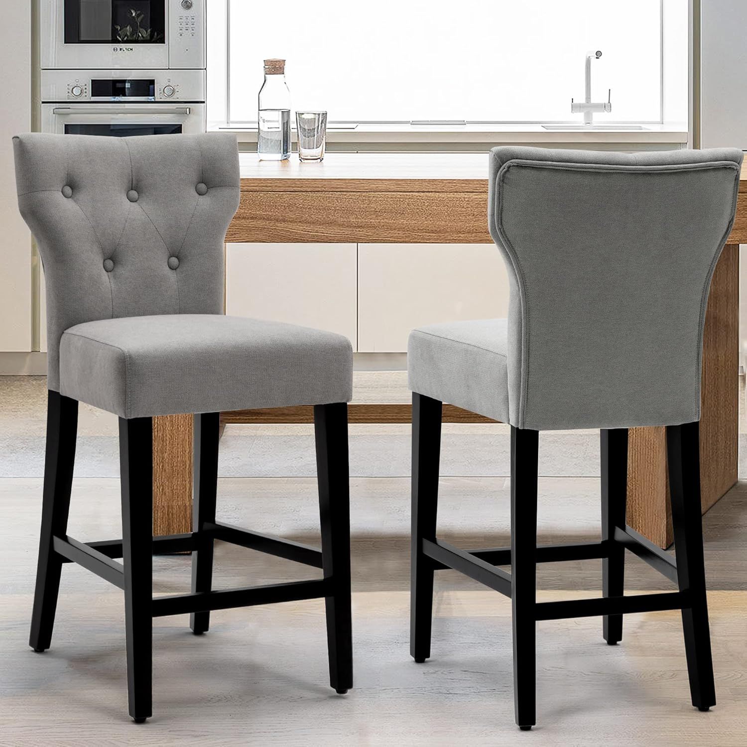 Gray Fabric Button Tufted Counter Height Bar Stools, Set of 2