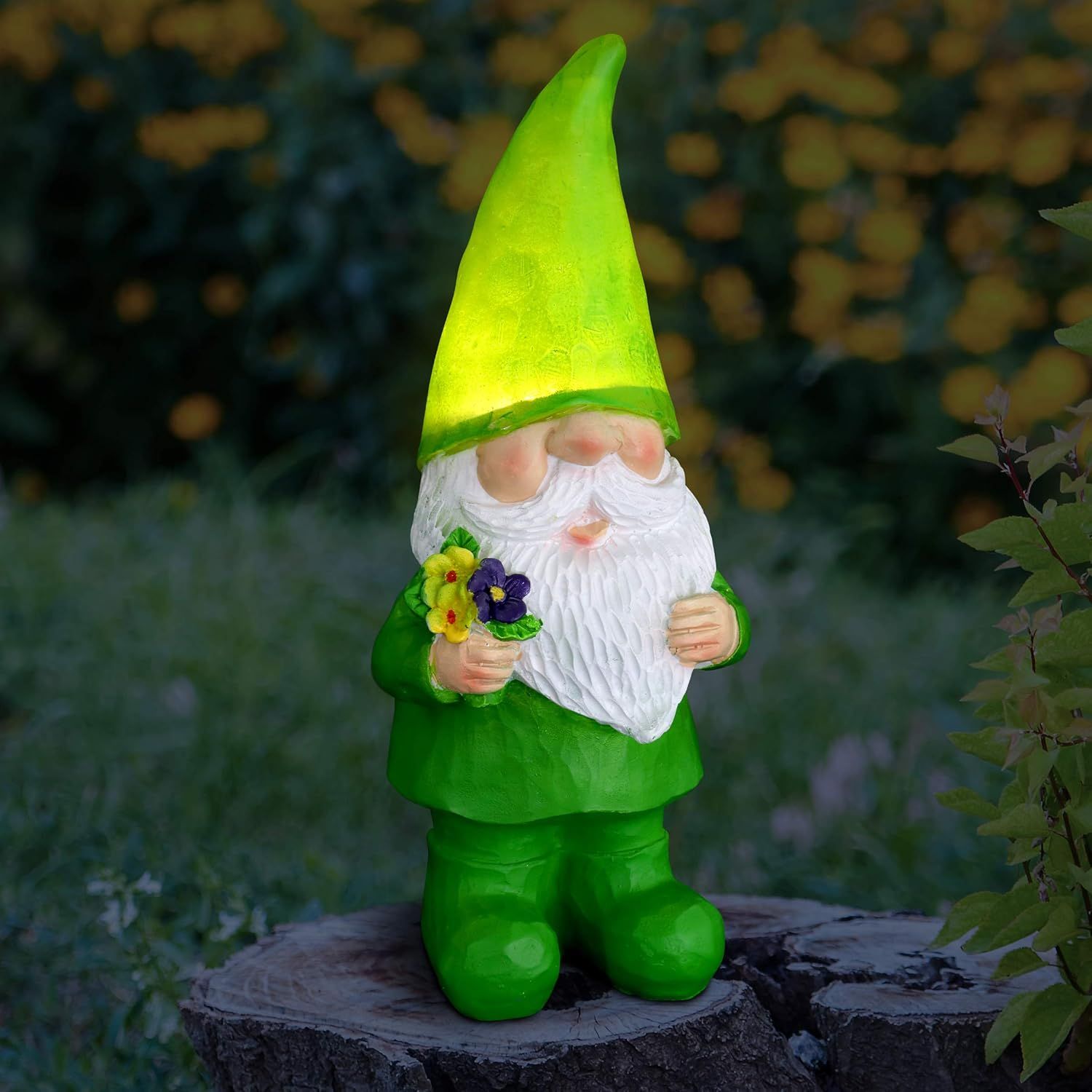 Green LED Solar-Powered Resin Garden Gnome with Flowers