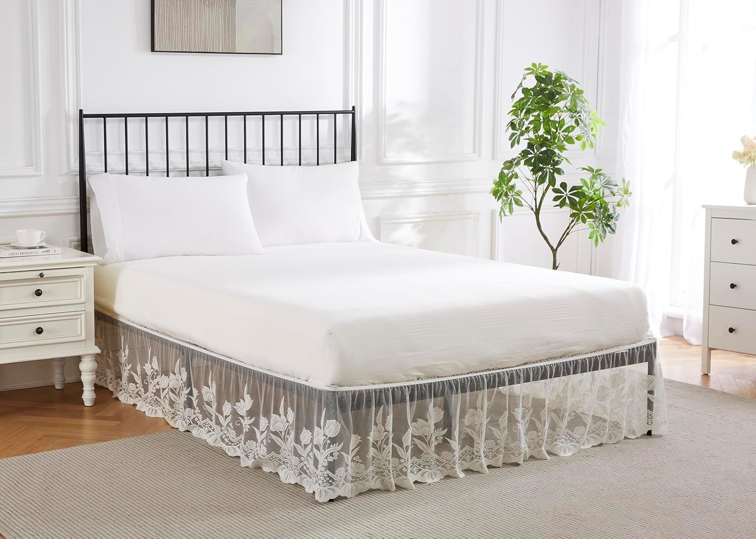 Beige King Size Lace Bed Skirt with Floral Design