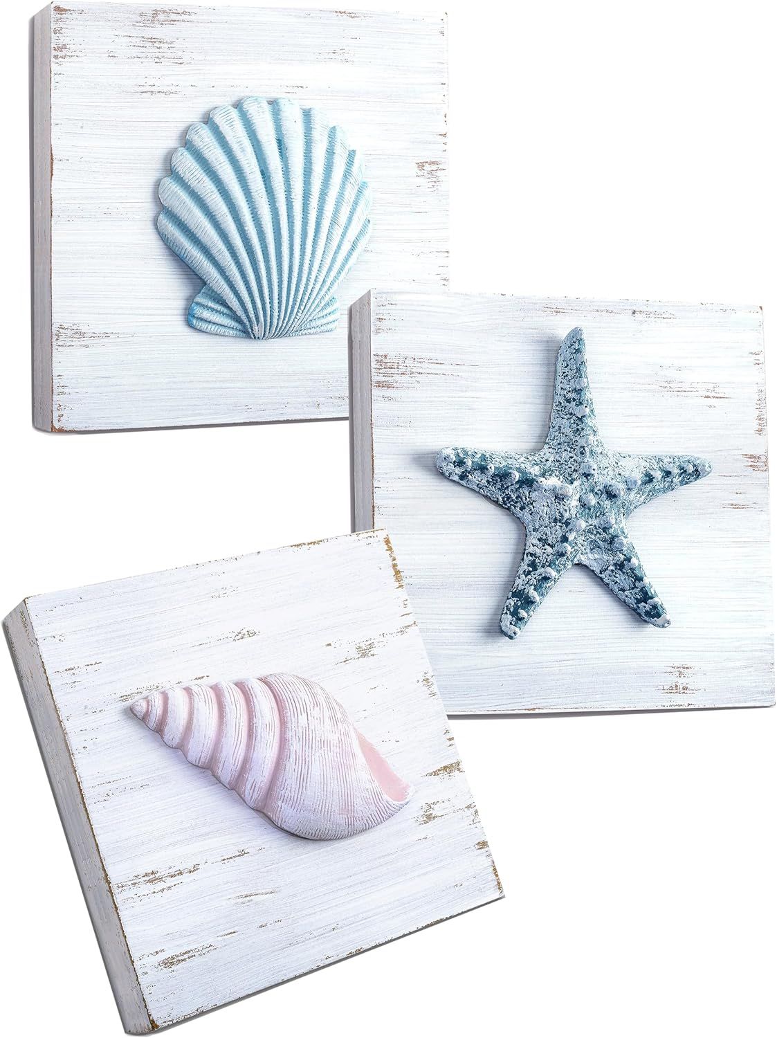 Rustic Whitewashed 3D Seashell and Starfish Wall Art Set