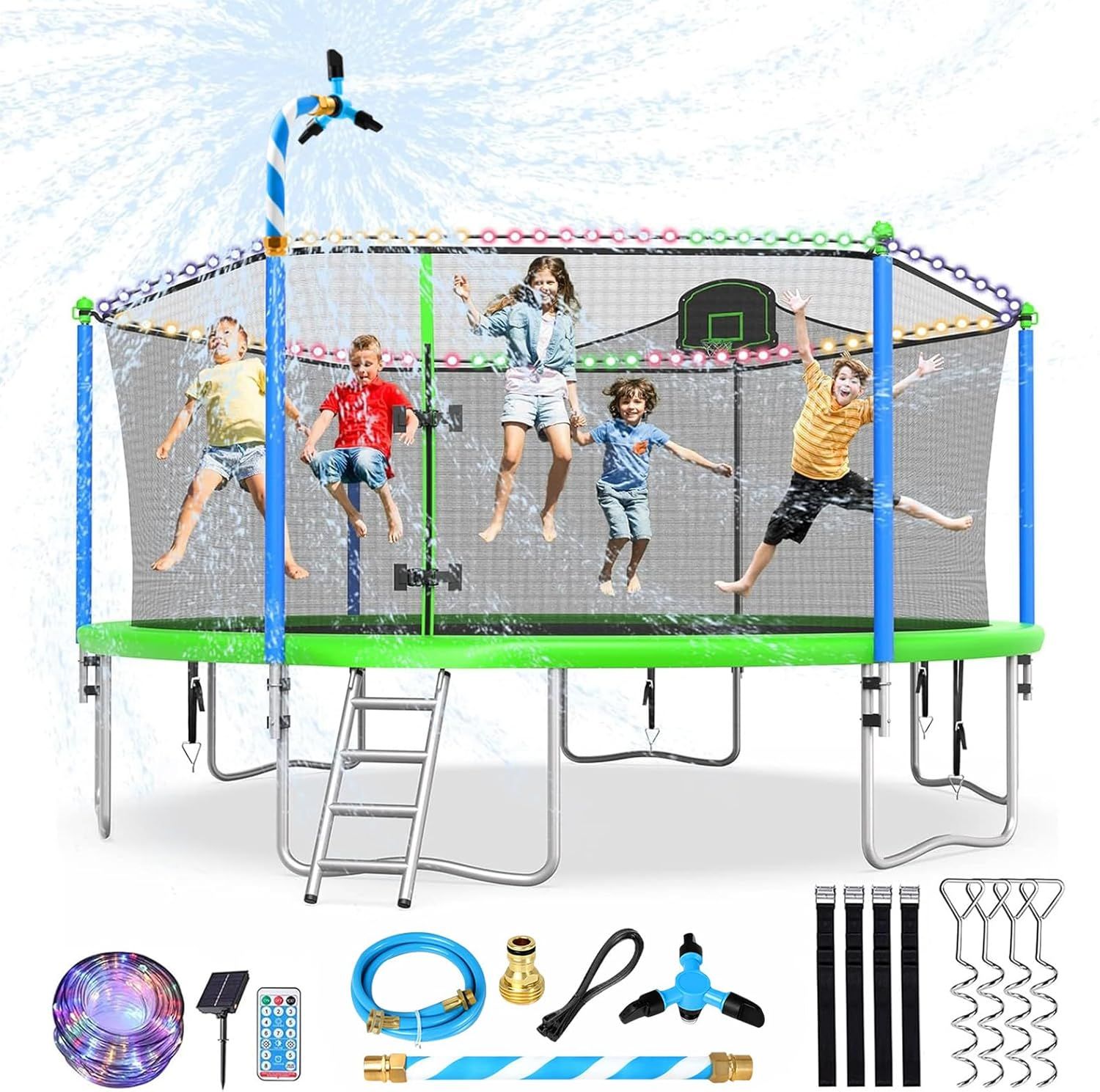 16FT Teal Blue Outdoor Trampoline with Enclosure and Basketball Hoop