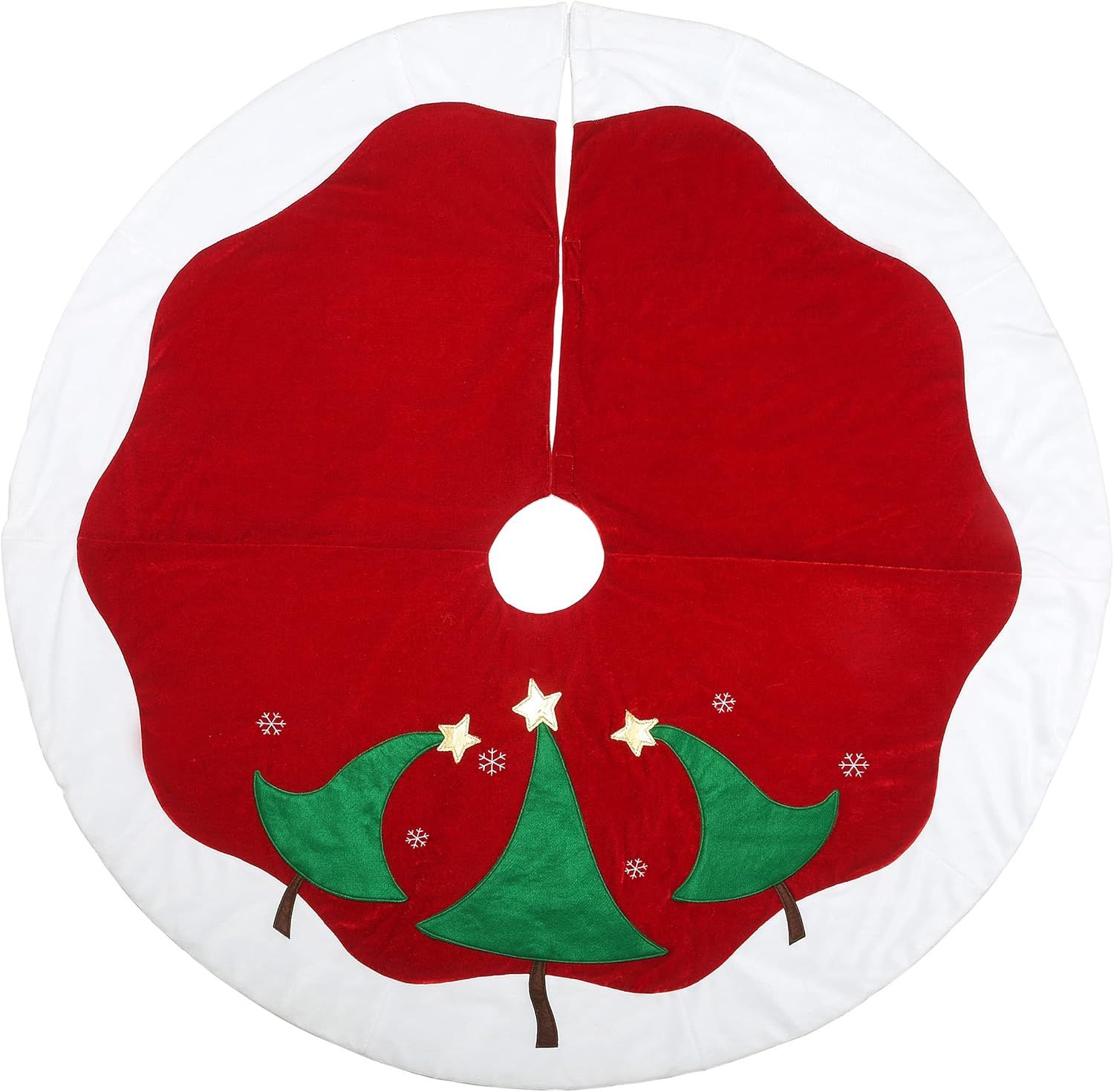 52-Inch Red and White Christmas Tree Skirt with Green Trees