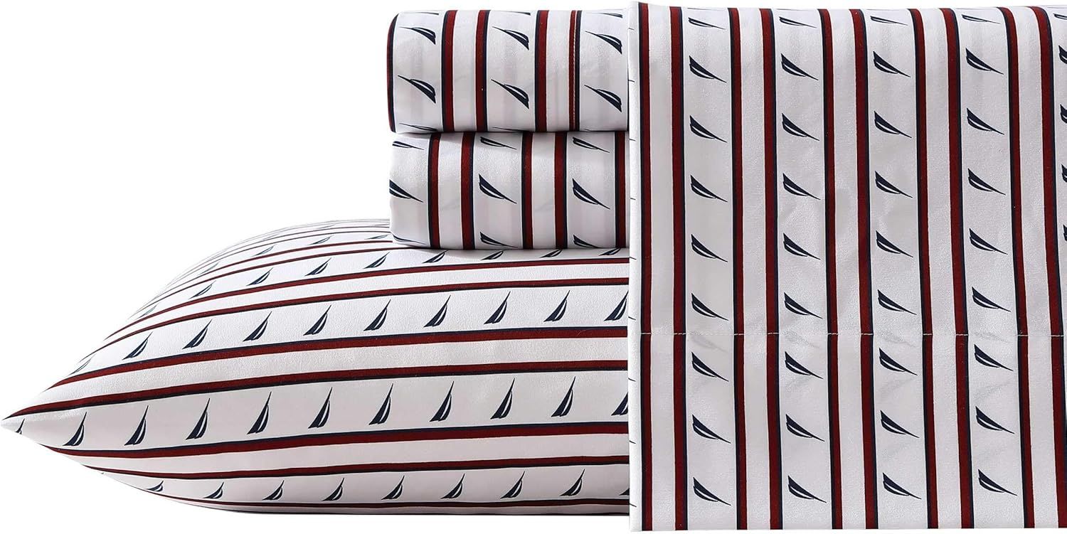 Full White and Red Striped Polyester Microfiber Bedding Set