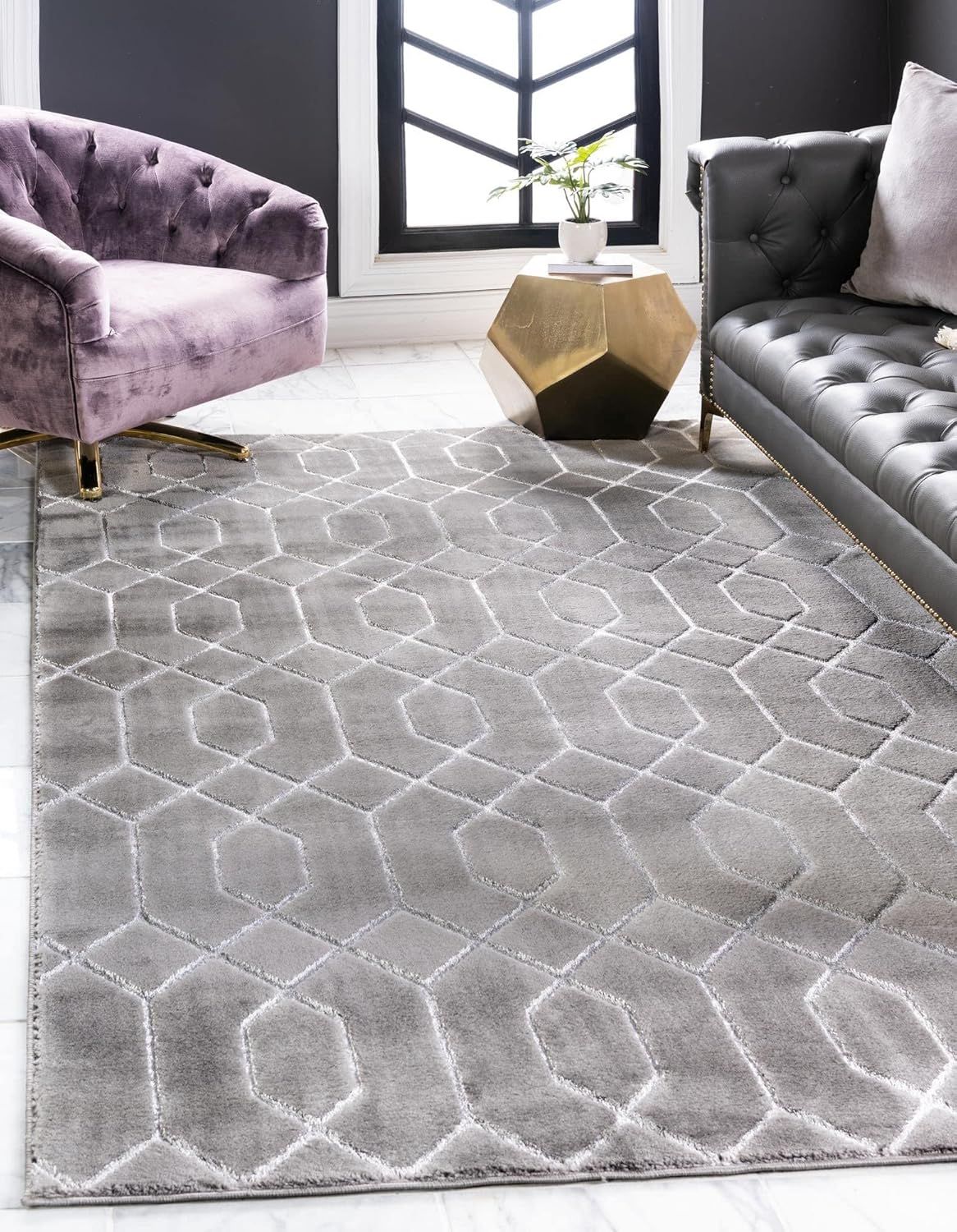 Gray Silver Trellis Rectangular Cotton Synthetic Area Rug