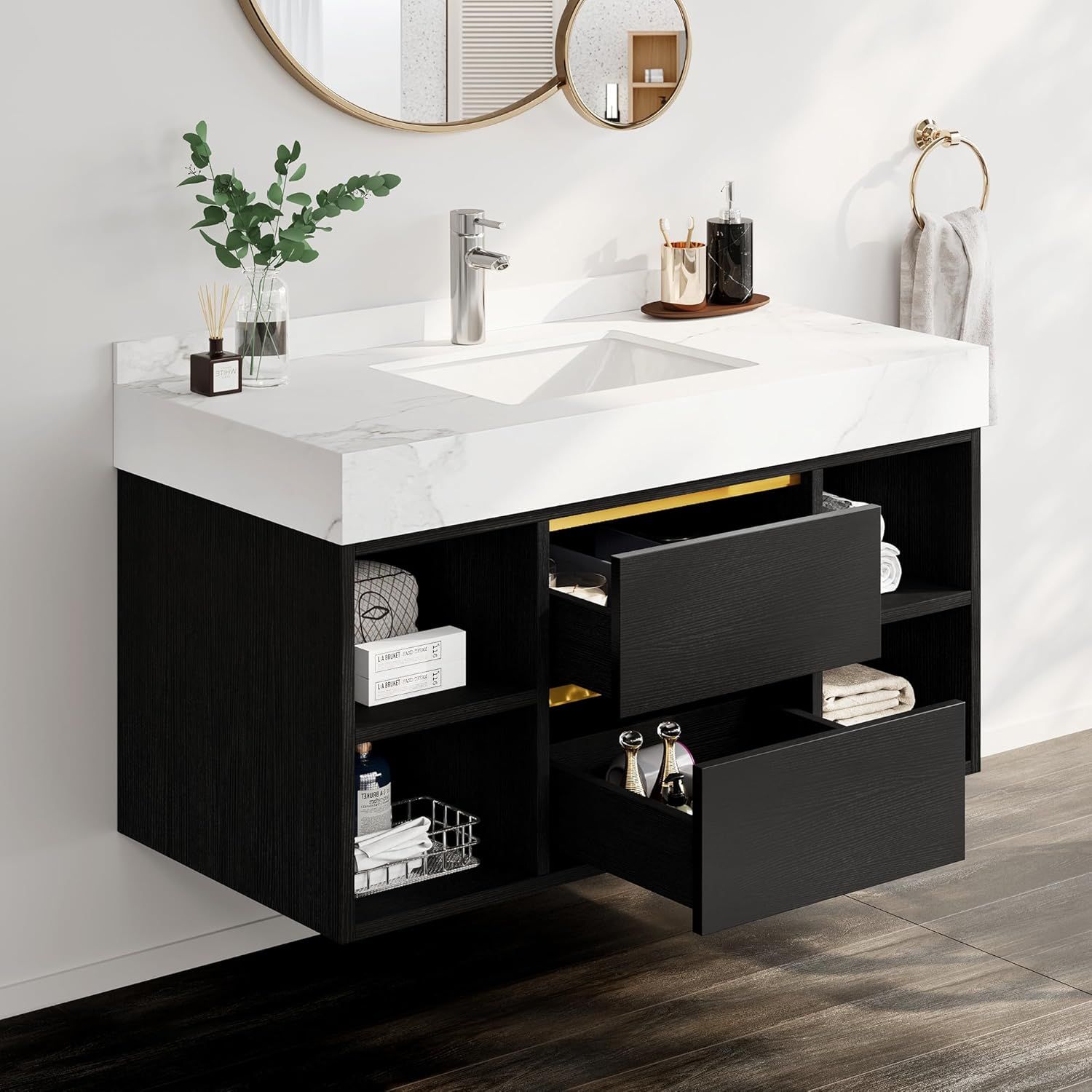 40-Inch Black Wall-Mounted Vanity with White Ceramic Sink and Storage