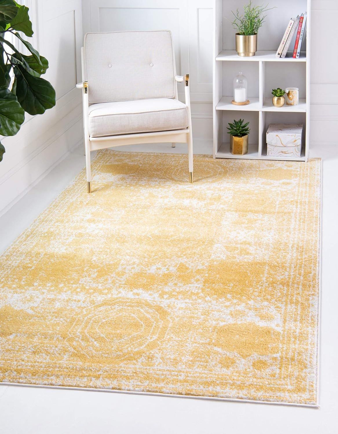 Yellow Geometric Rectangular Easy Care Synthetic Rug 5' x 8'