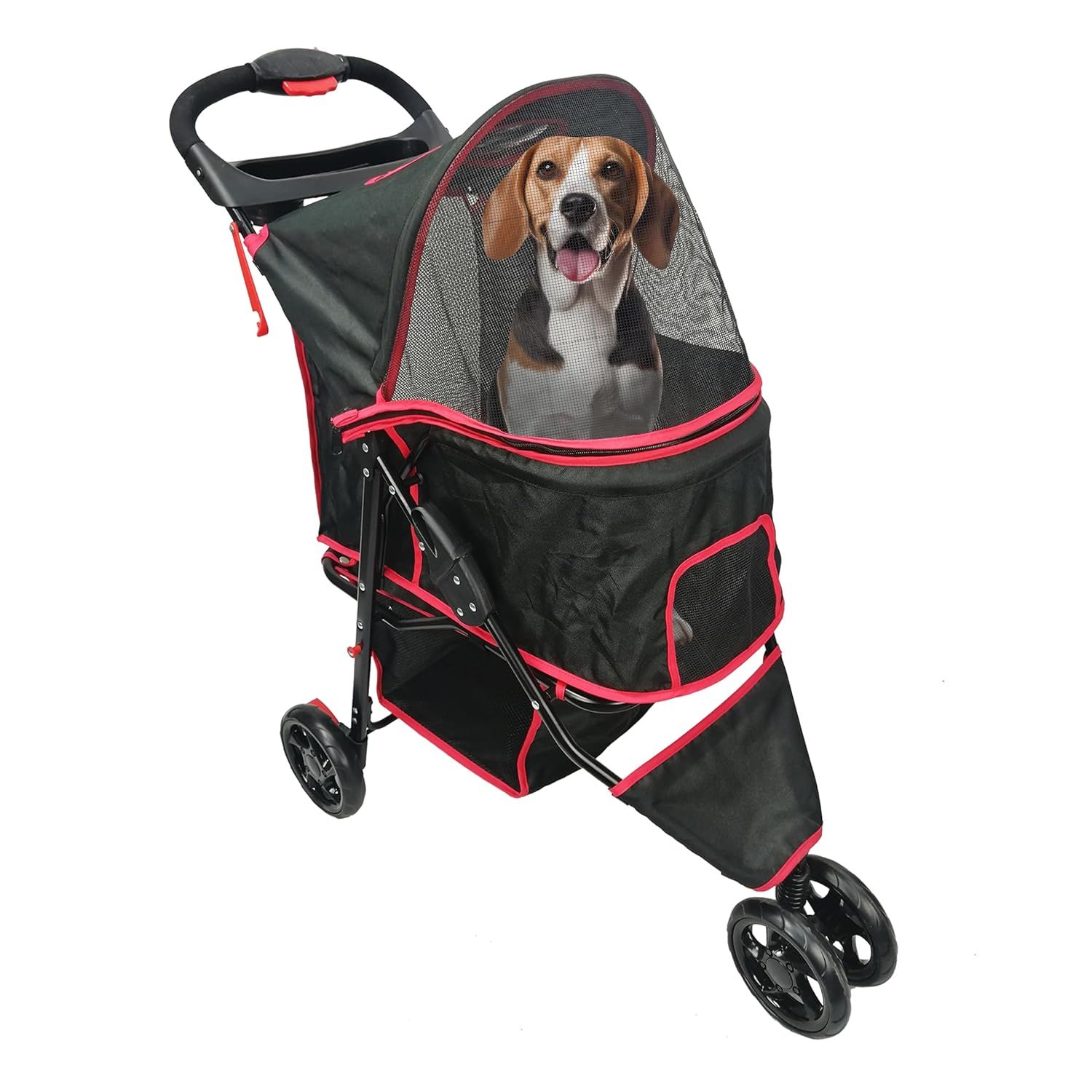 Black and Red Foldable Pet Stroller with Mesh Cover