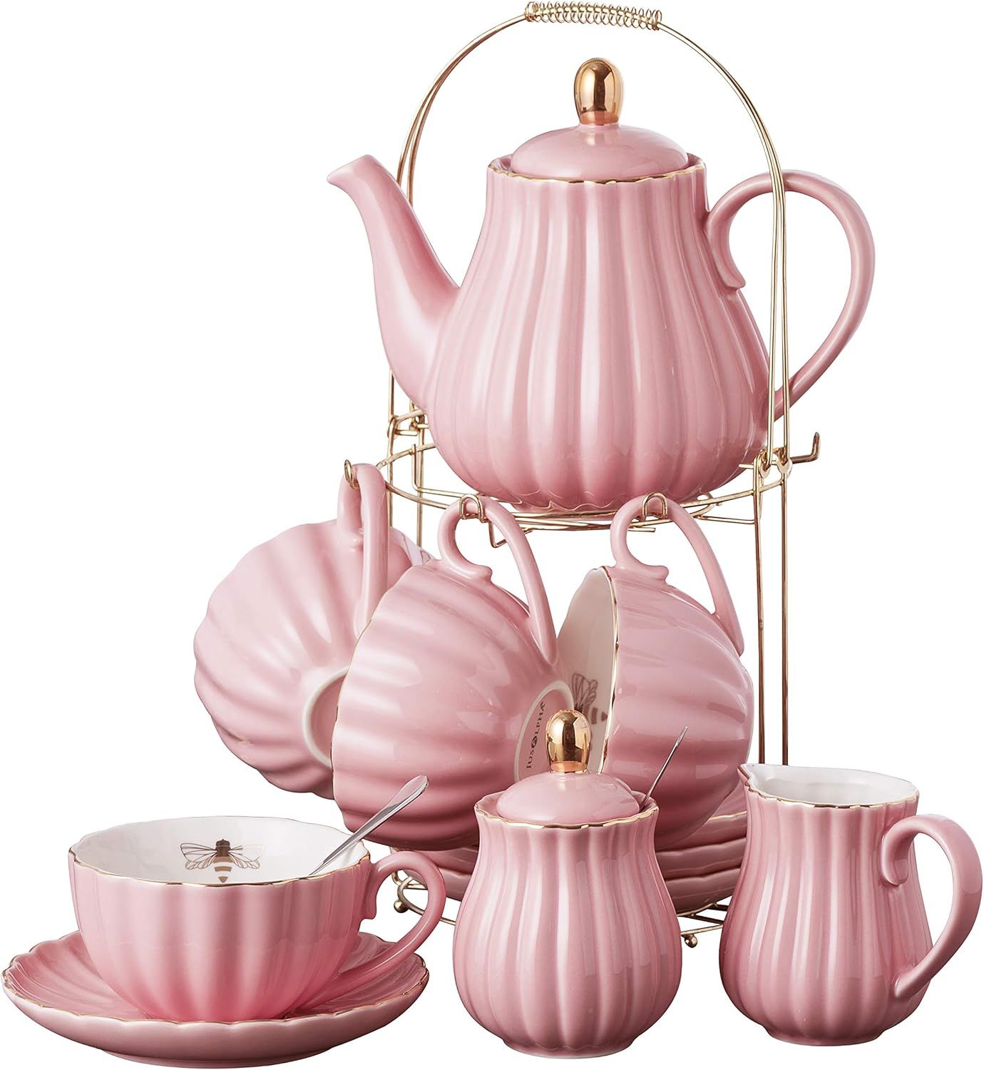 Pink Fine China Coffee and Tea Set with Stand, 17-Piece