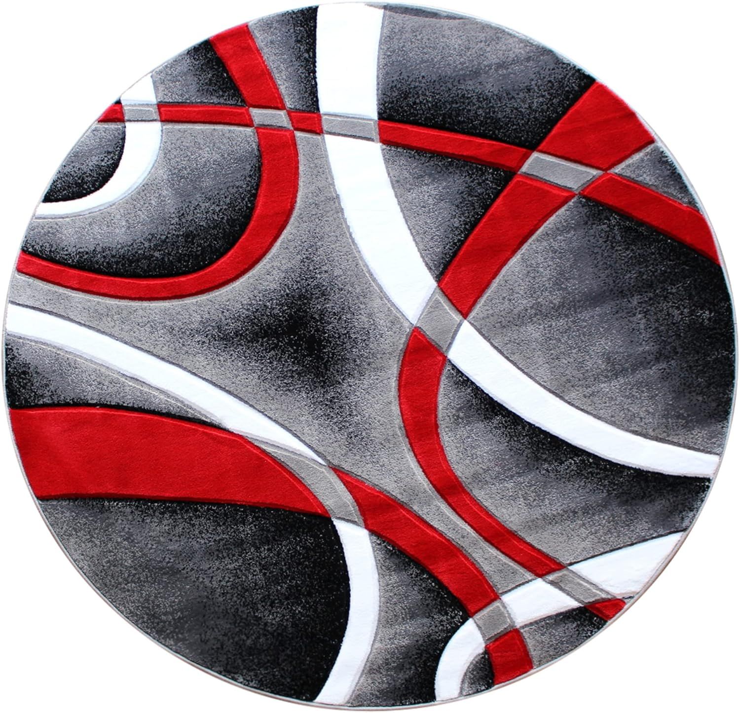 Modern Red and Gray Abstract Round Synthetic Area Rug 5' x 5'