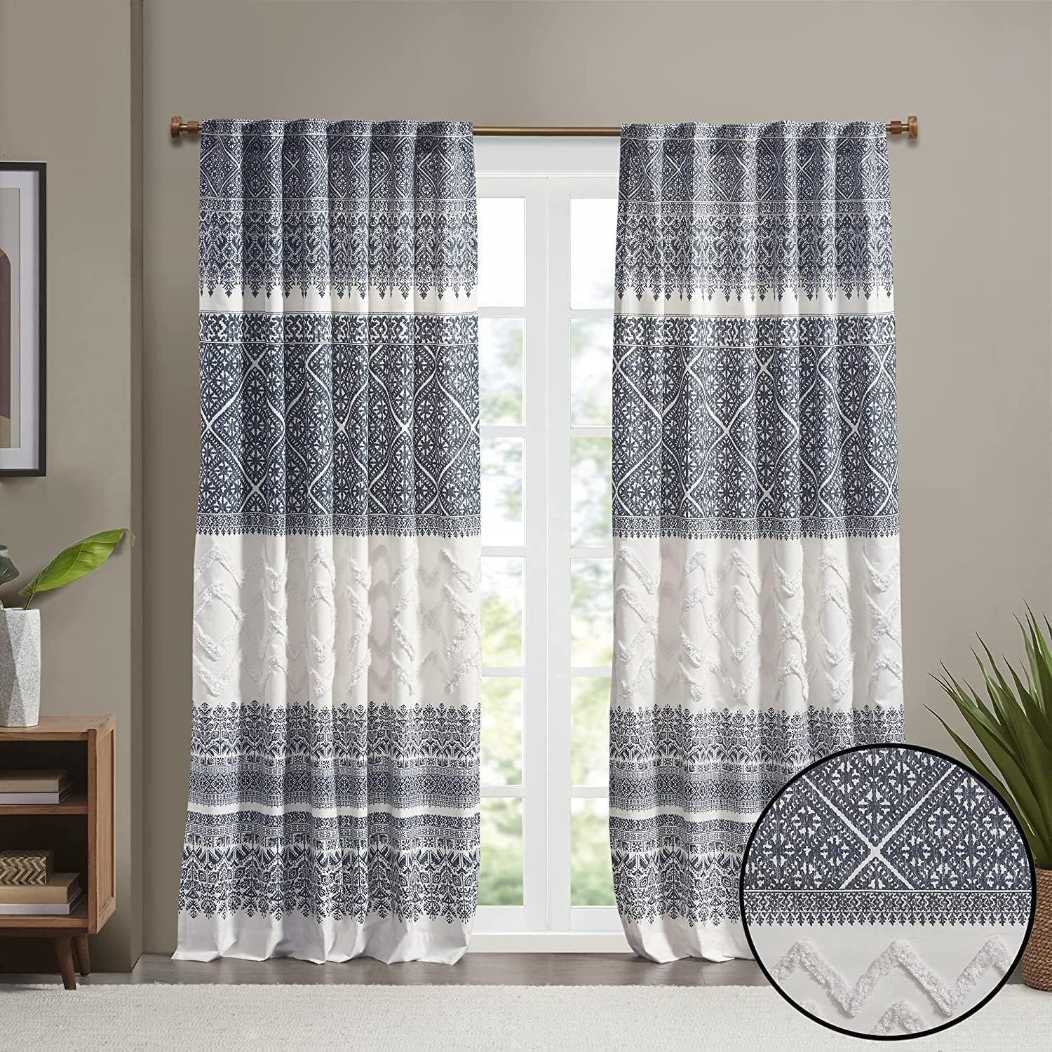 Navy and White Cotton Boho Chenille Curtain Panel