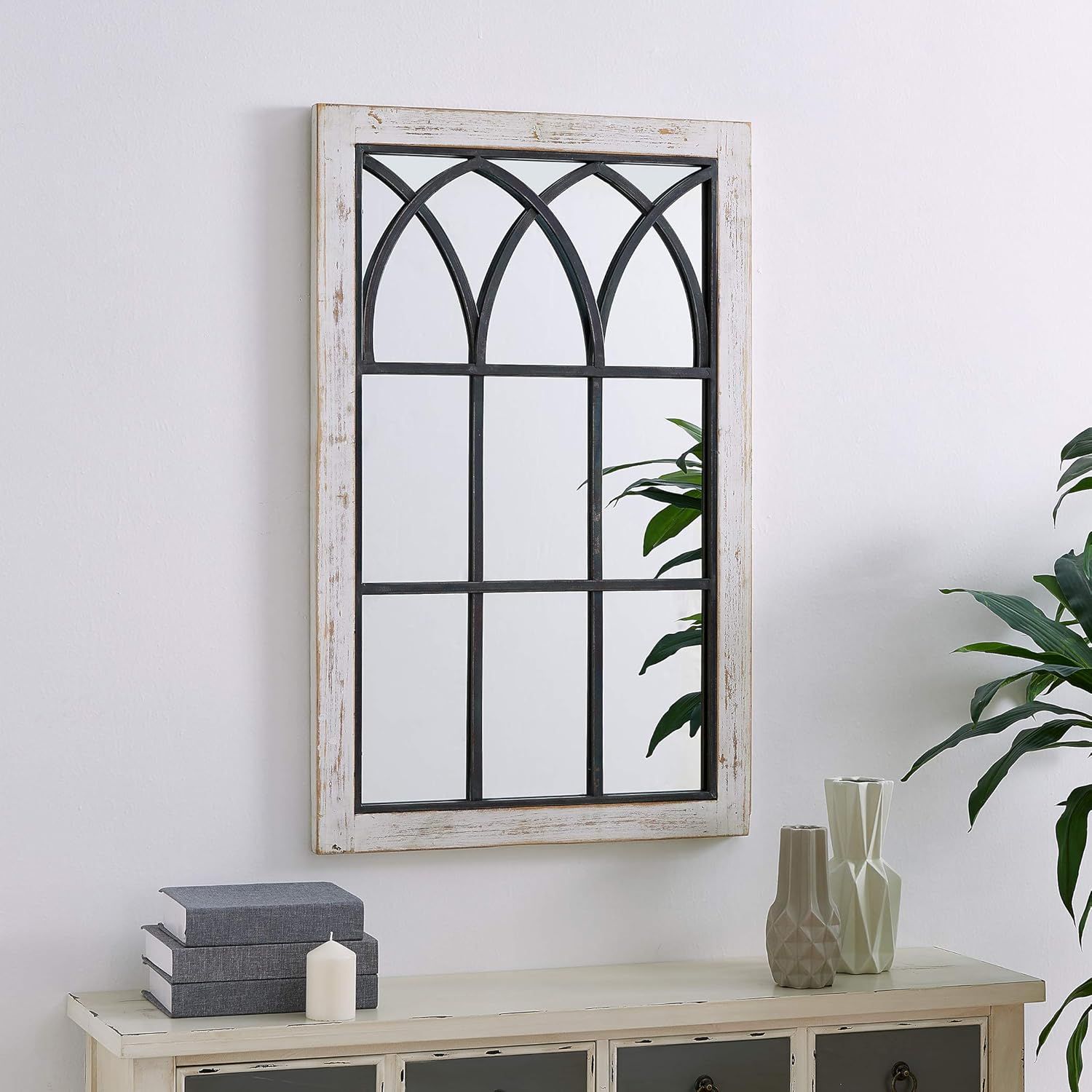 Distressed White Wood Rectangular Arch Wall Mirror