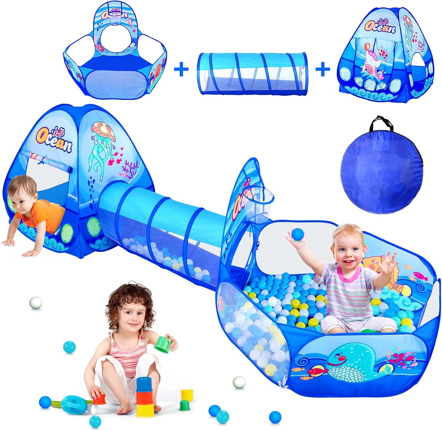 Blue Ocean 3-Piece Kids Play Tent with Tunnel and Ball Pit