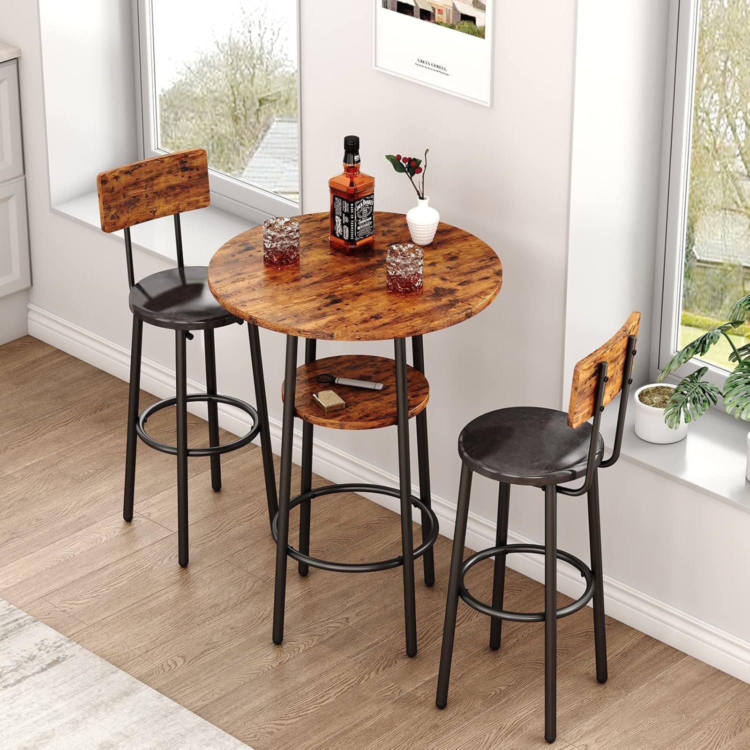 Rustic Brown and Black Metal 3-Piece Pub Table Set with Storage Shelf