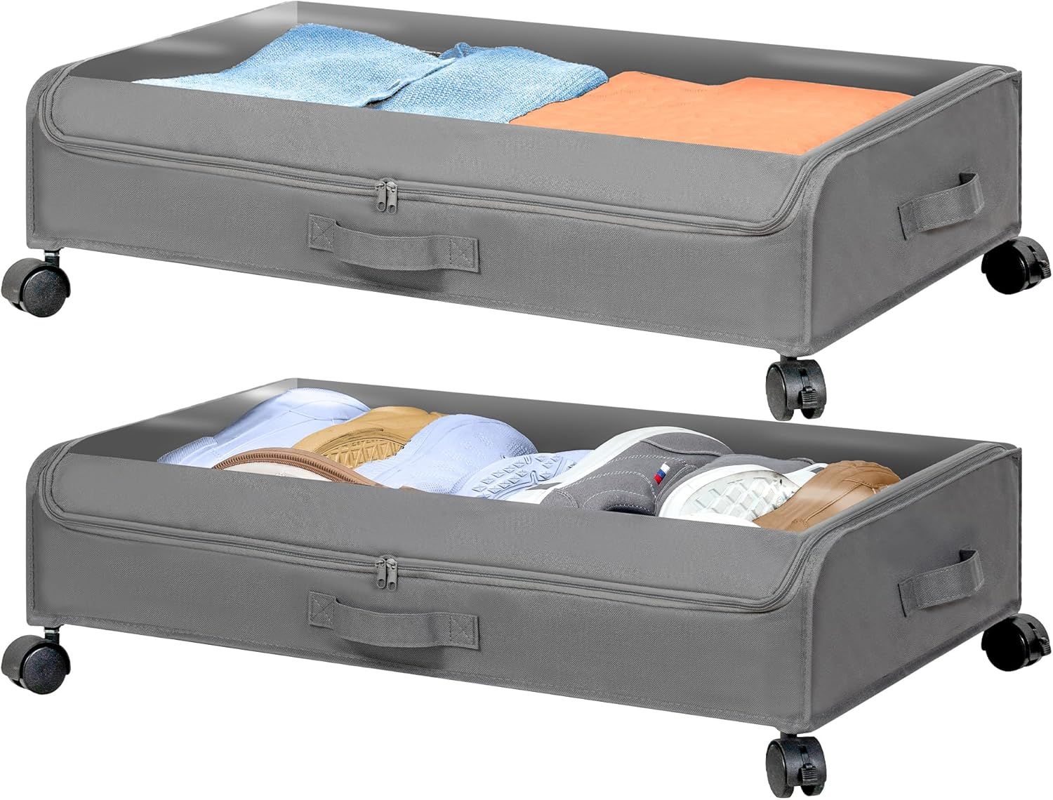 Gray Fabric Collapsible Under Bed Storage with Wheels, 2-Pack