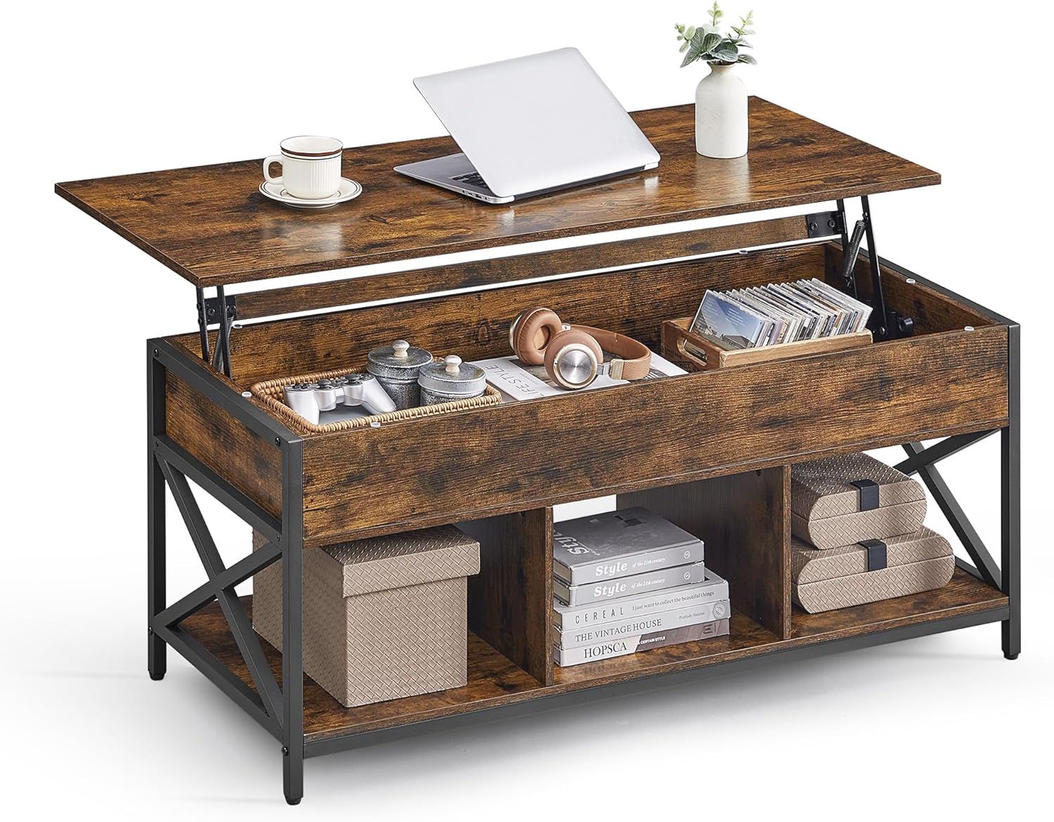 Rustic Brown and Black Lift-Top Coffee Table with Storage