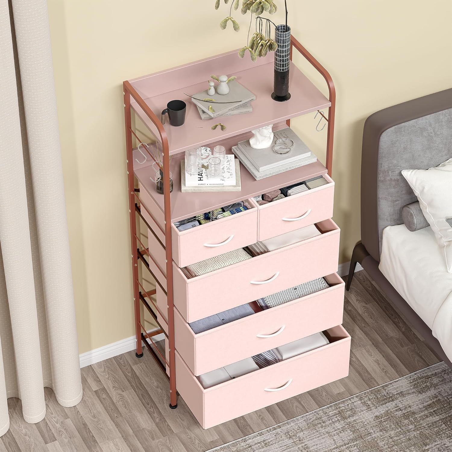 Pink Fabric and MDF Tall Dresser with Open Shelves