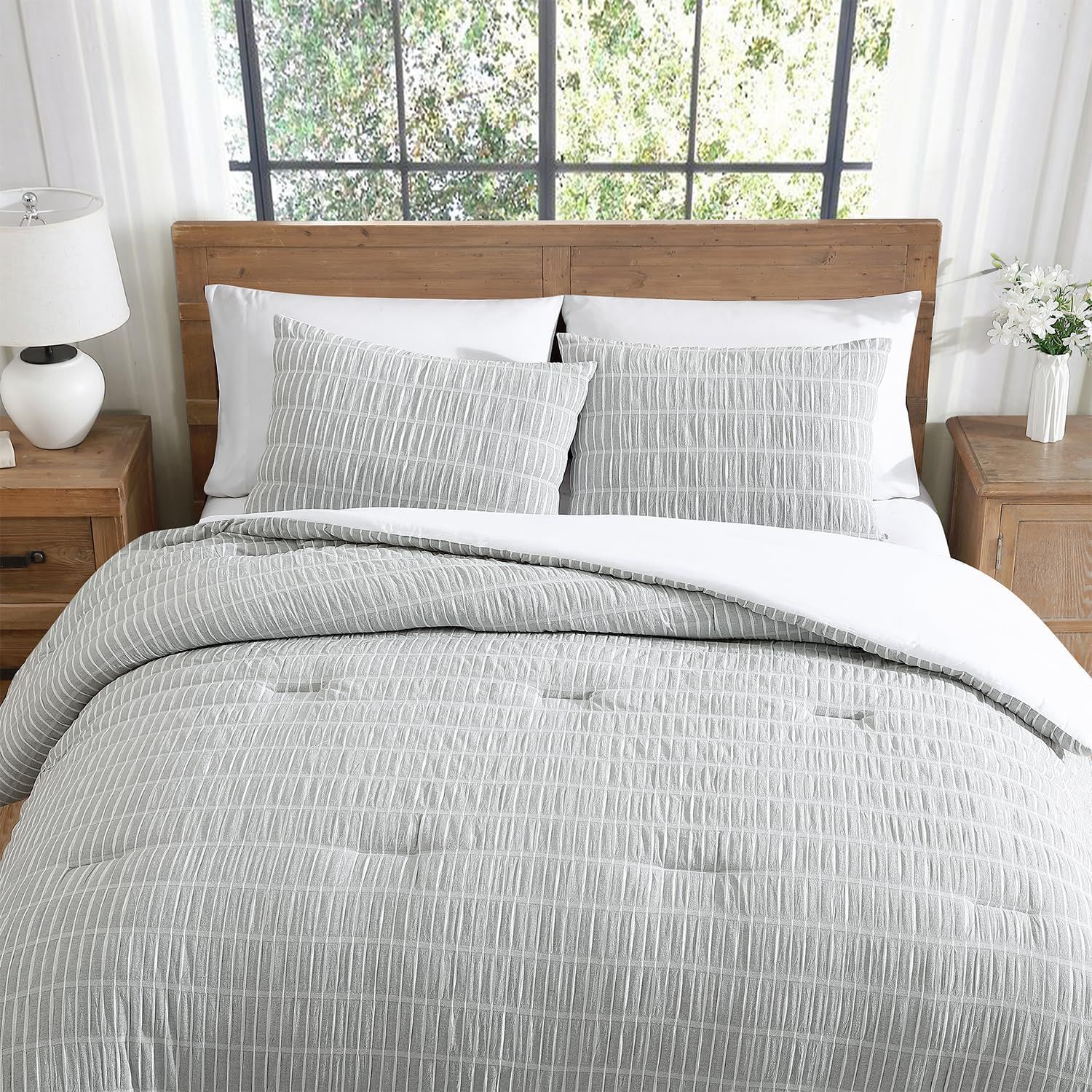 Full Gray Cotton Puckered Seersucker Comforter Set