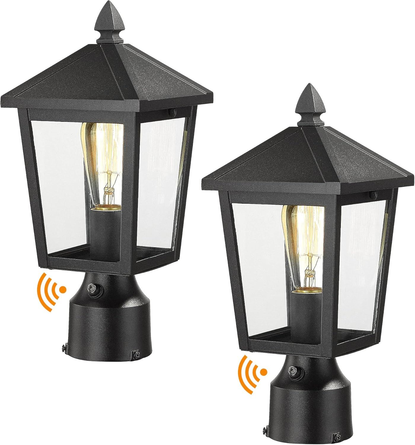 Black Metal Dusk to Dawn Outdoor Post Lights with Clear Glass, 2-Pack