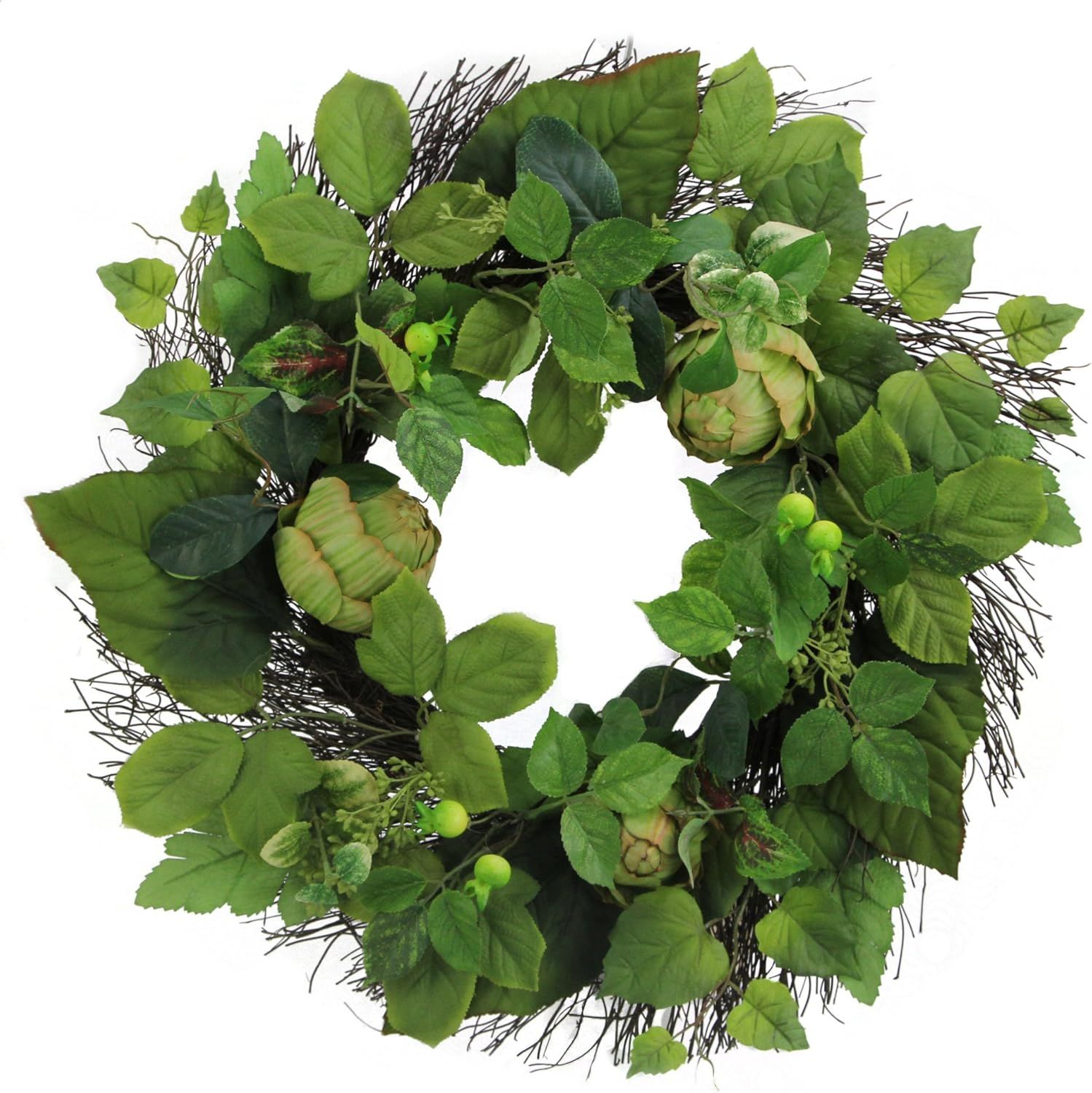 Green and Natural Boxwood Grapevine Floral Wreath, 24 Inches