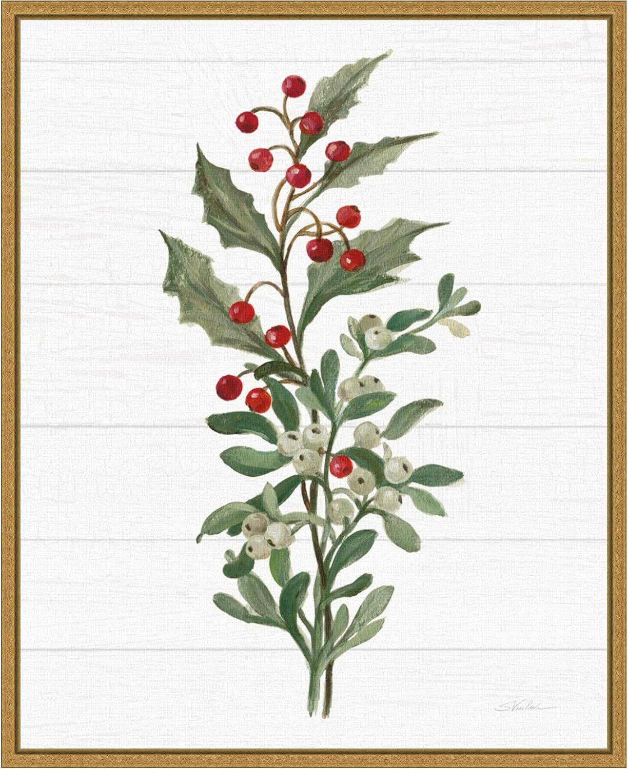 Christmas Holly and Mistletoe Canvas Print with Gold Frame