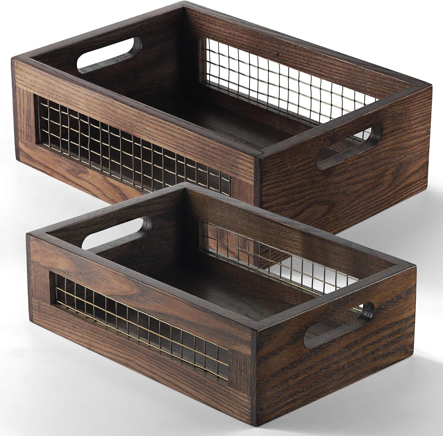 Rustic Oak Wood Countertop Baskets with Mesh Sides, Set of 2