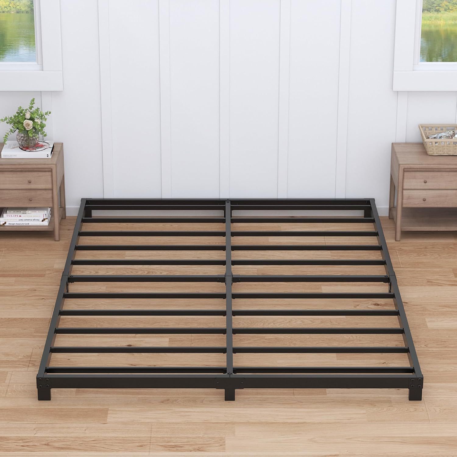 Black Metal Low Profile Queen Bed Frame with Reinforced Slats