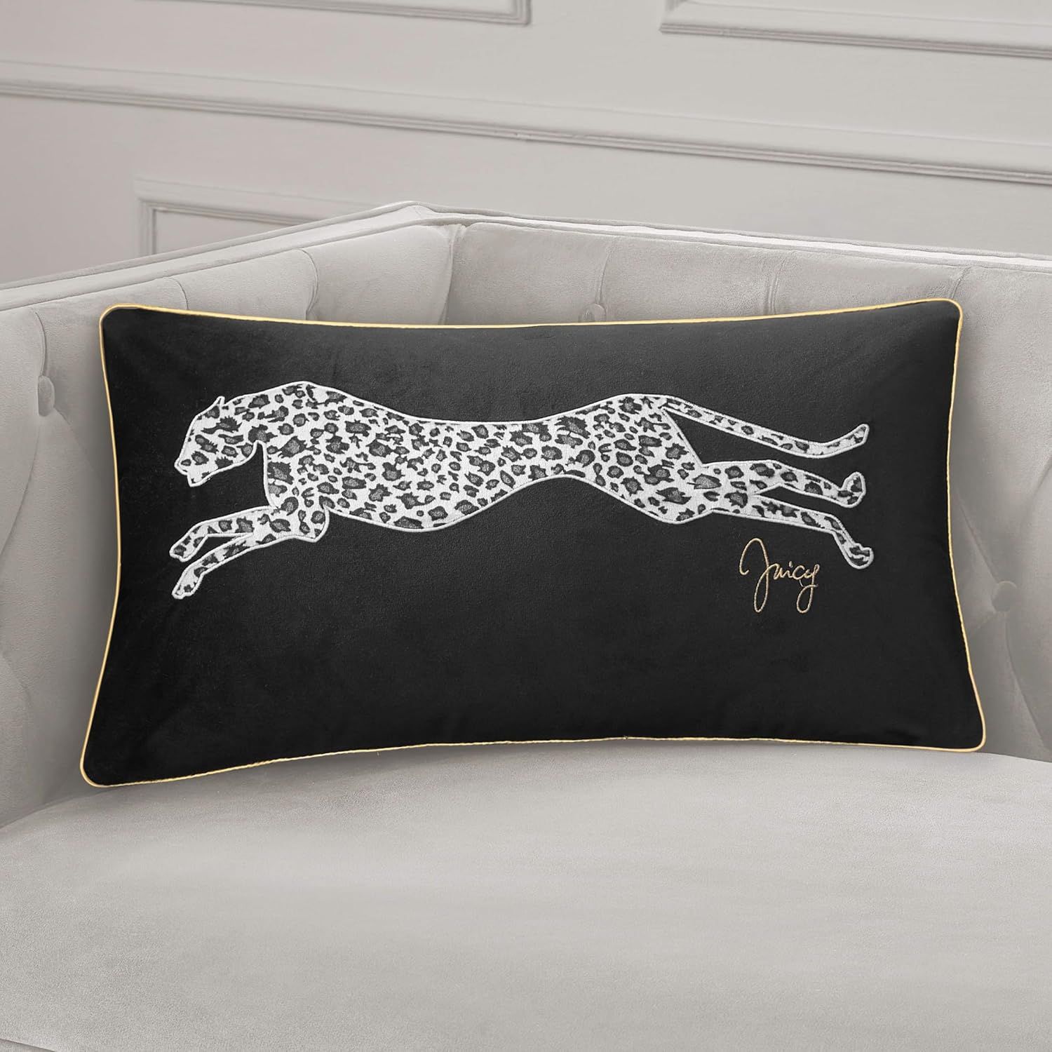 Black Velvet Rectangular Embroidered Cheetah Throw Pillow