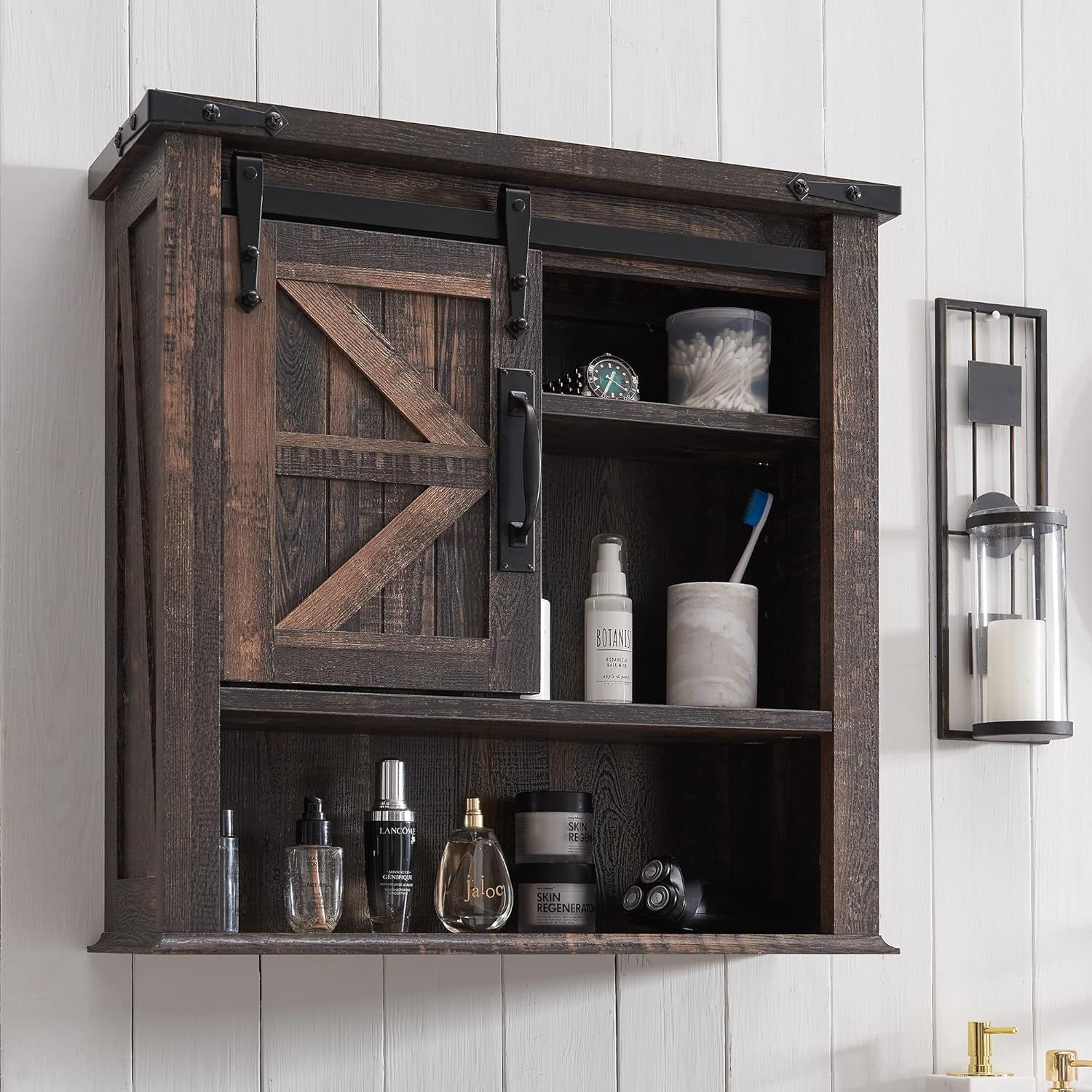 Dark Rustic Oak Farmhouse Wall Cabinet with Sliding Barn Door