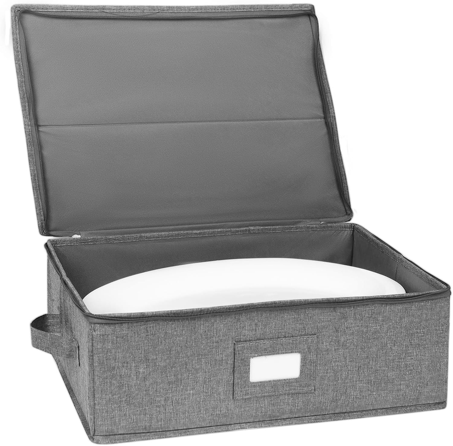 Gray Polyester Linen Stackable Platter Storage Case with Felt Dividers