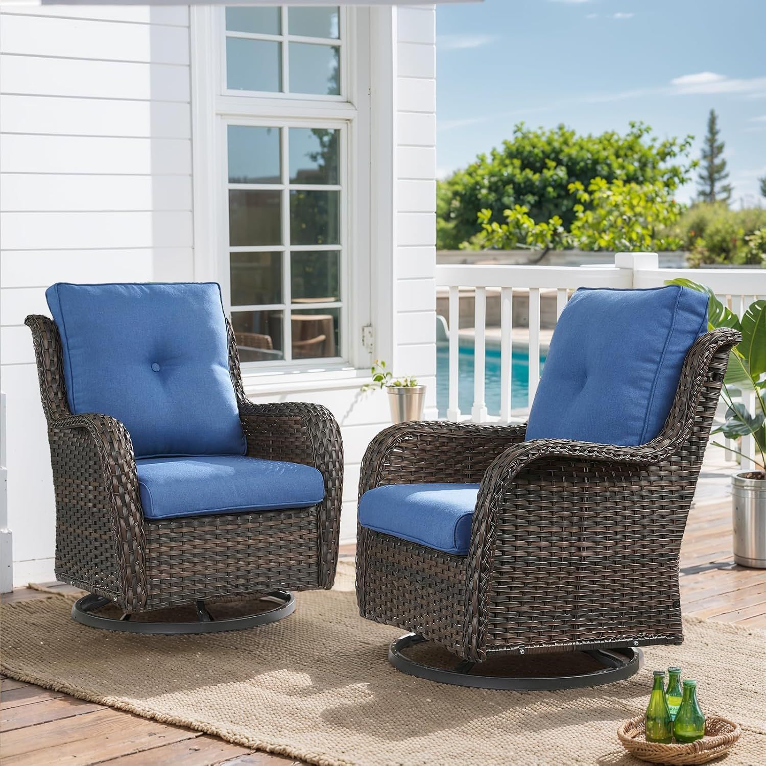 Brown Wicker Swivel Rocker Patio Chairs with Blue Cushions, Set of 2