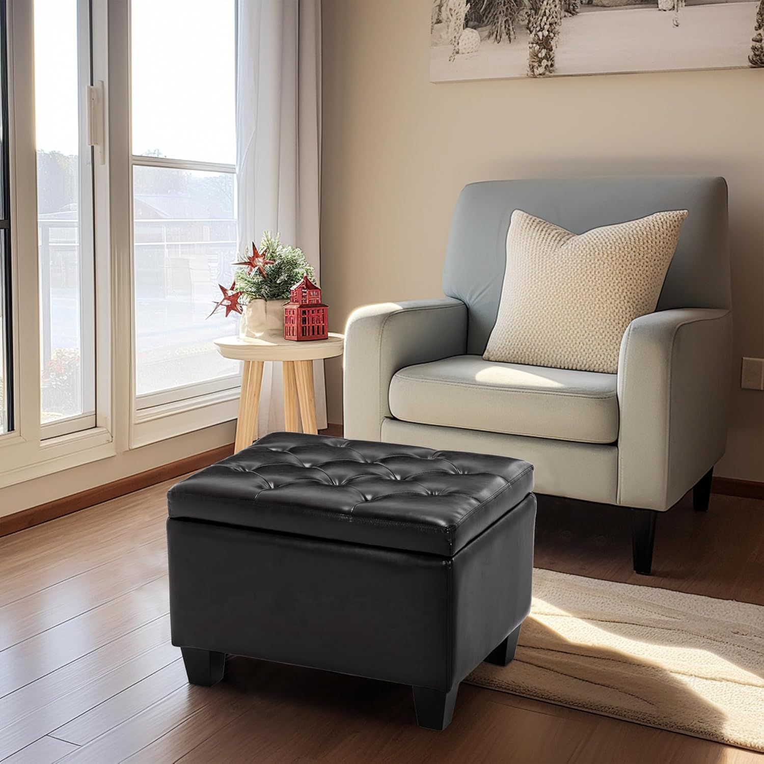 Black Faux Leather Tufted Storage Footstool