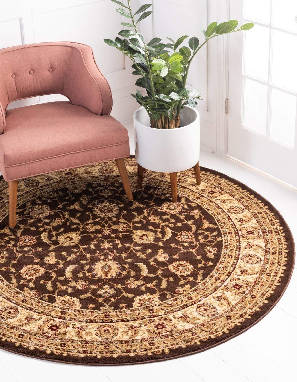 Brown Round Synthetic Stain-Resistant Area Rug