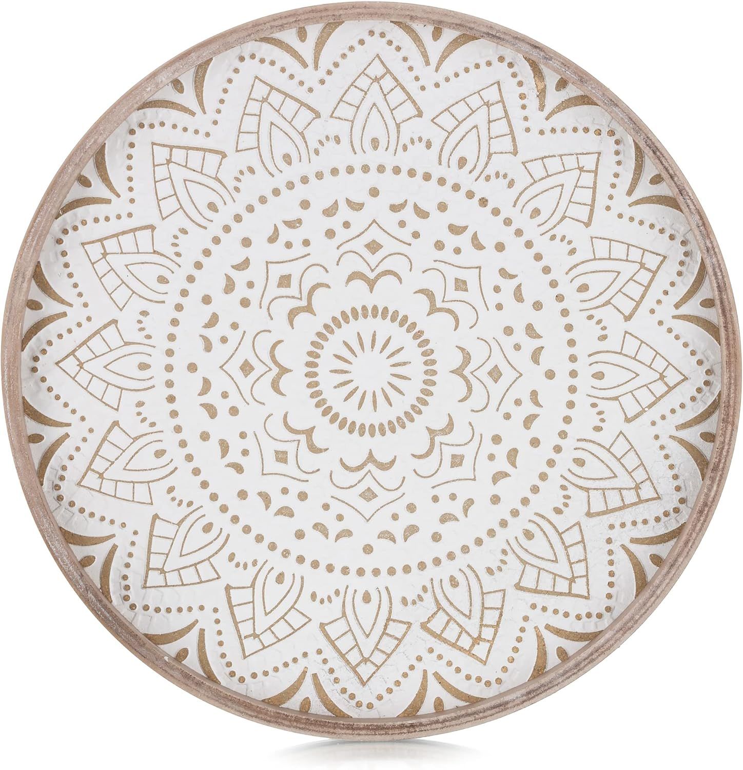 Rustic White and Brown 12" Round Wood Tray with Floral Pattern