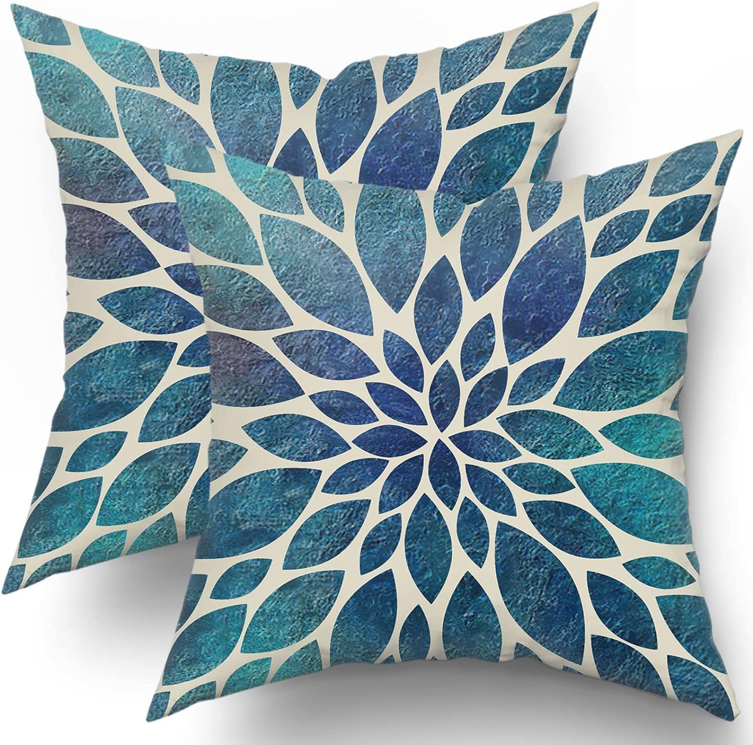 Navy Blue Teal Dahlia Floral Cotton Polyester Euro Pillow Covers