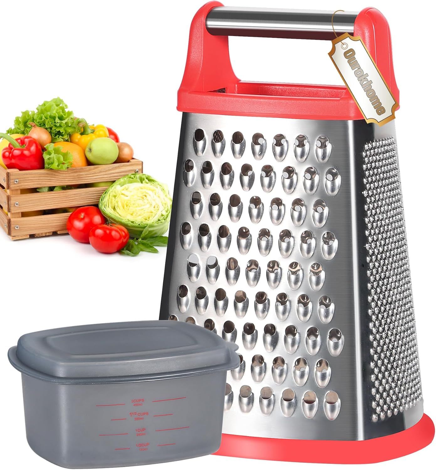 Red Stainless Steel 4-Sided Box Grater with Container