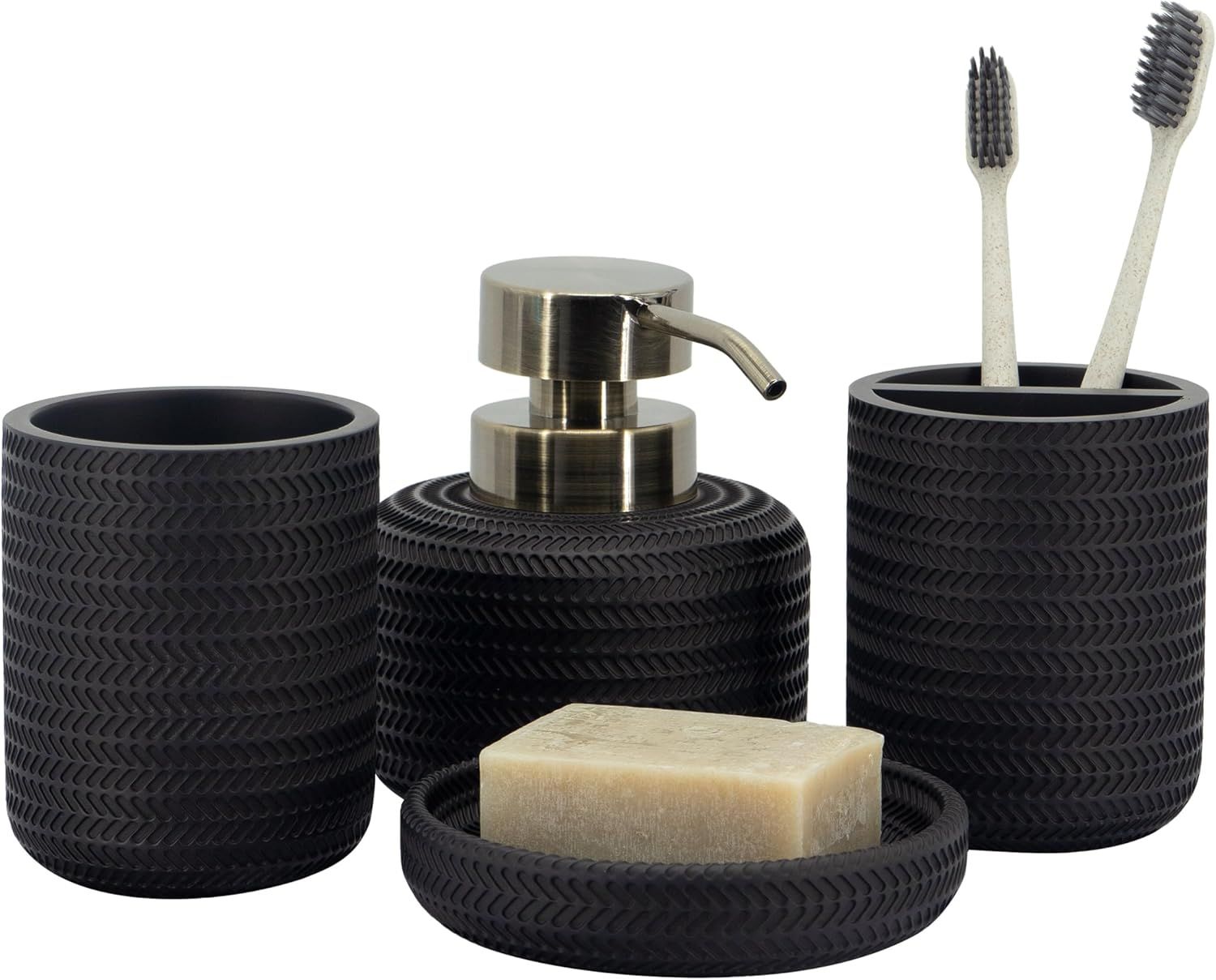 Matte Black Textured Ceramic 4-Piece Bathroom Accessory Set