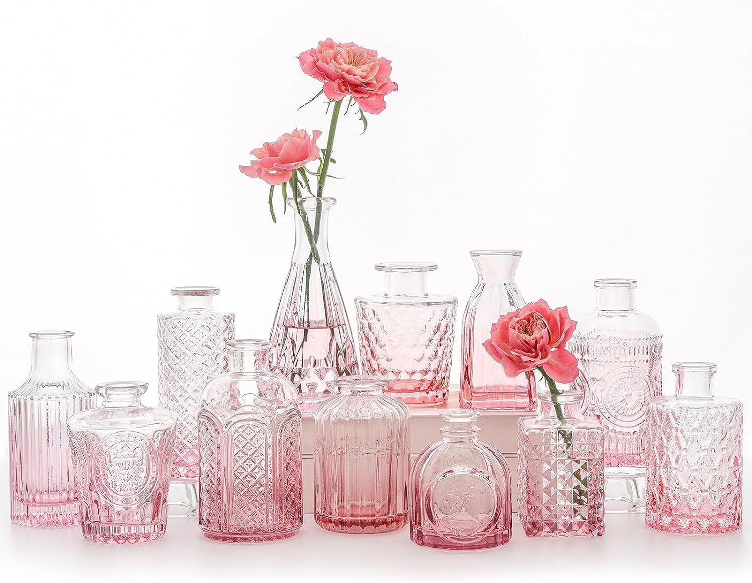 12-Piece Pink Glass Bud Vase Set for Weddings