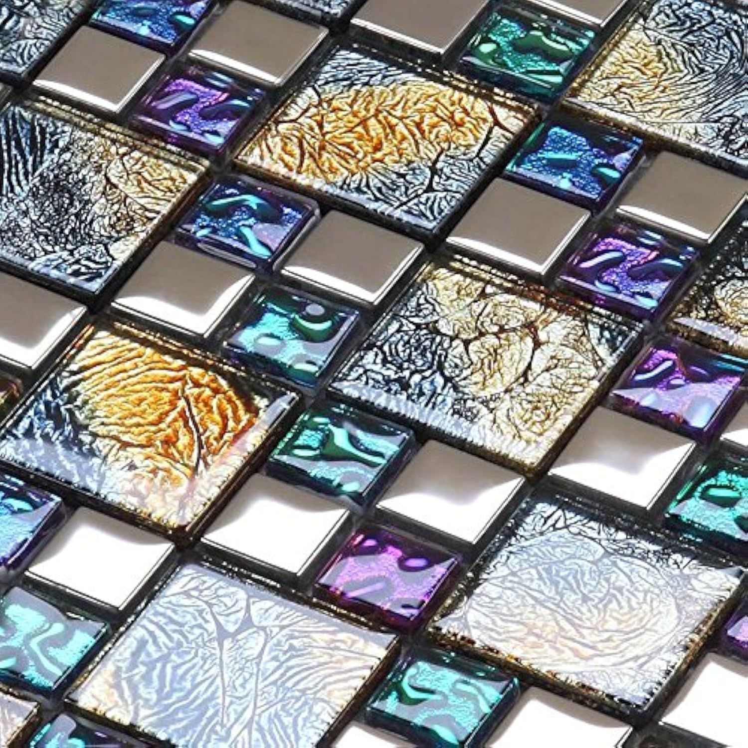 Multicolor Iridescent Glass Mosaic Square Tiles for Kitchen and Bathroom