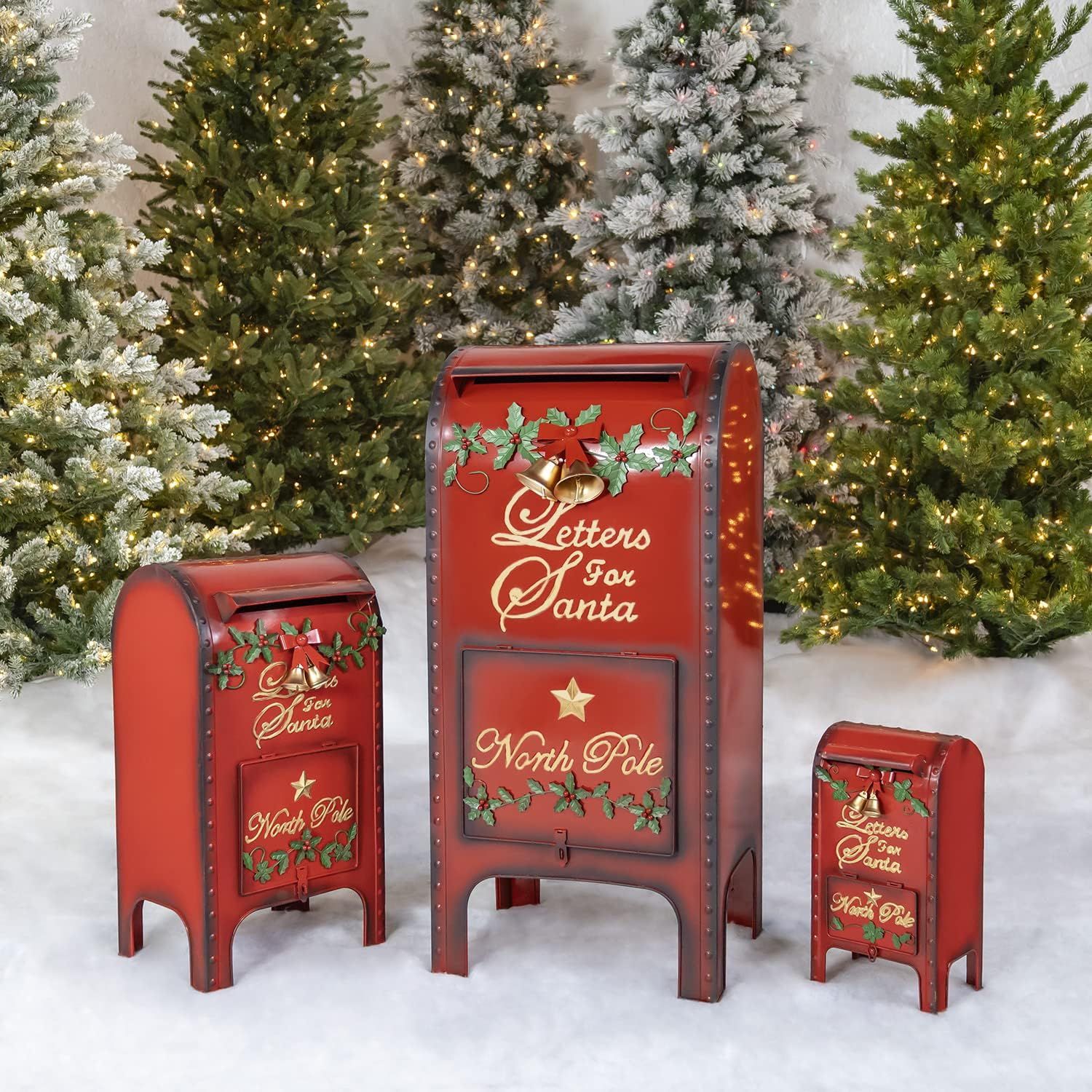 Life-Size Red Iron Christmas Mailbox Set with Lockable Doors