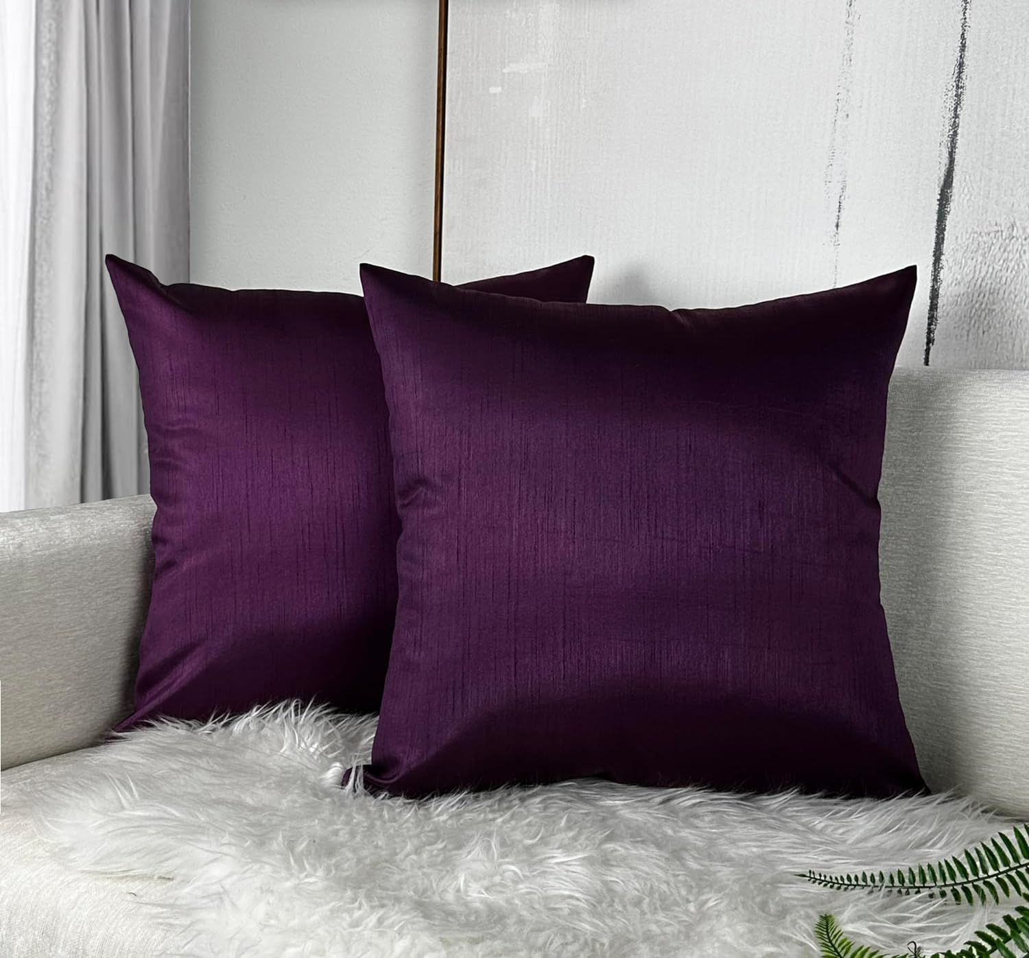 Eggplant Faux Silk Euro Shams with Zipper Closure, Set of 2