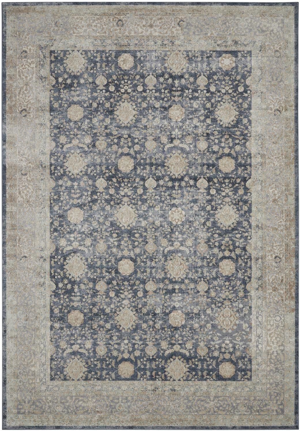 Navy and Gold Floral Rectangular Synthetic Rug, 7'10" x 10'10"