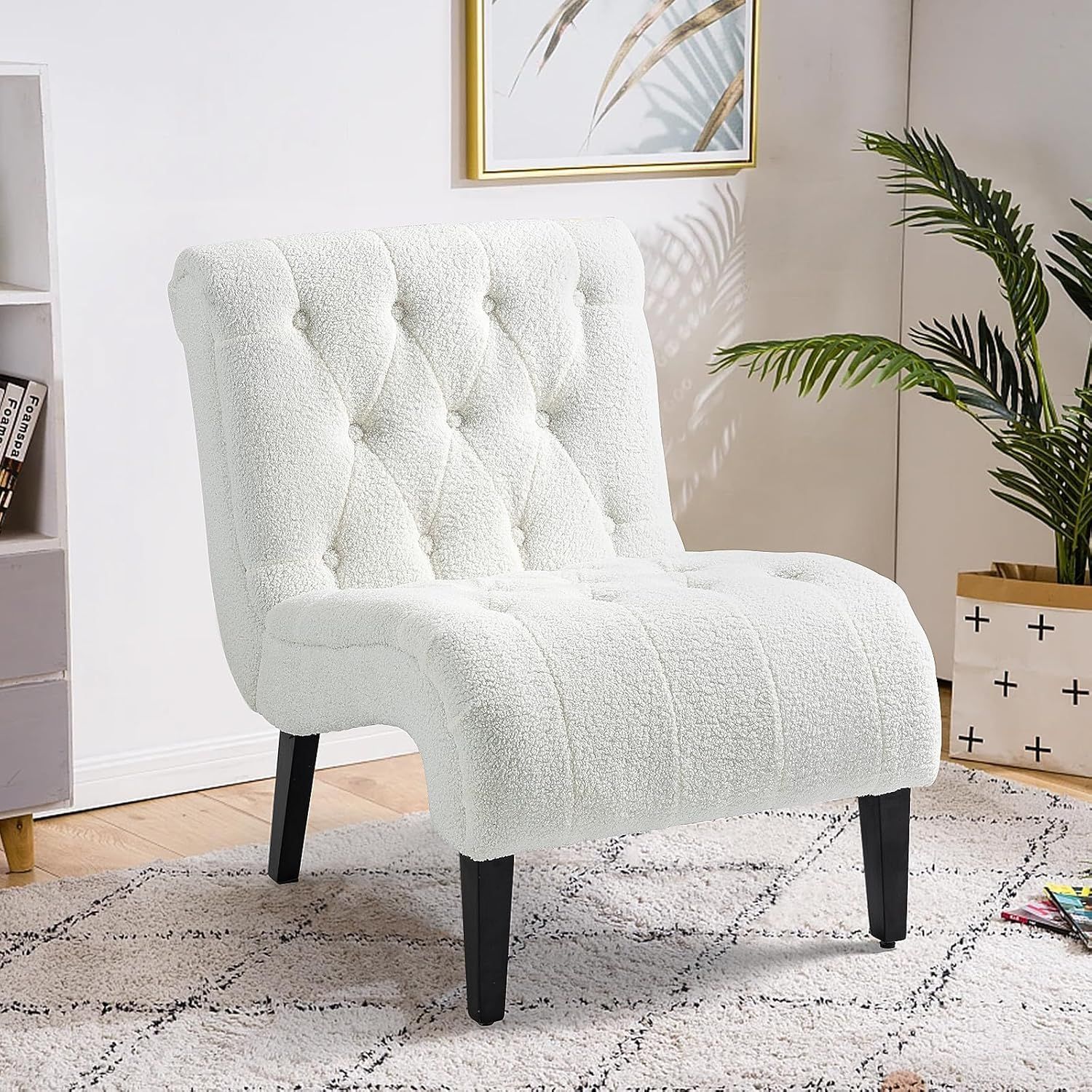 White Velvet Armless Slipper Accent Chair with Wood Legs