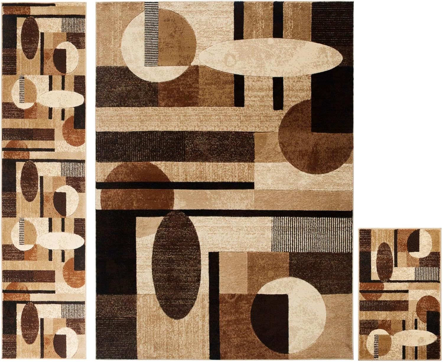 Tribeca Brown and Beige Geometric Synthetic Area Rug Set