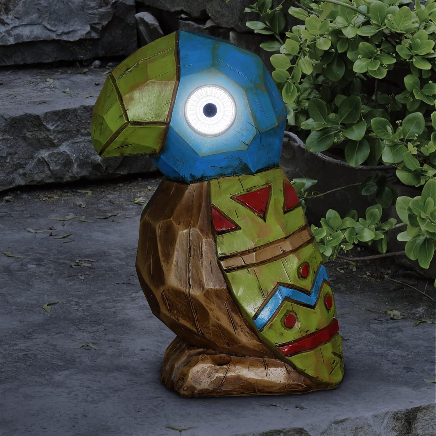 Solar Tiki Parrot Garden Statue with LED Eyes, 10 Inches