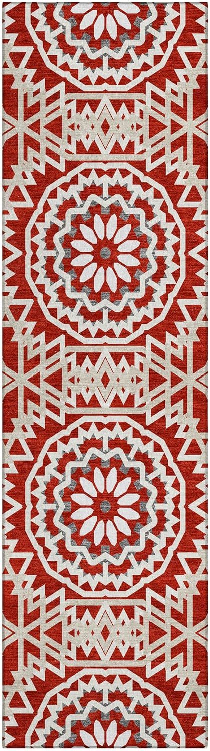 Red and White Synthetic Flat Woven Runner Rug