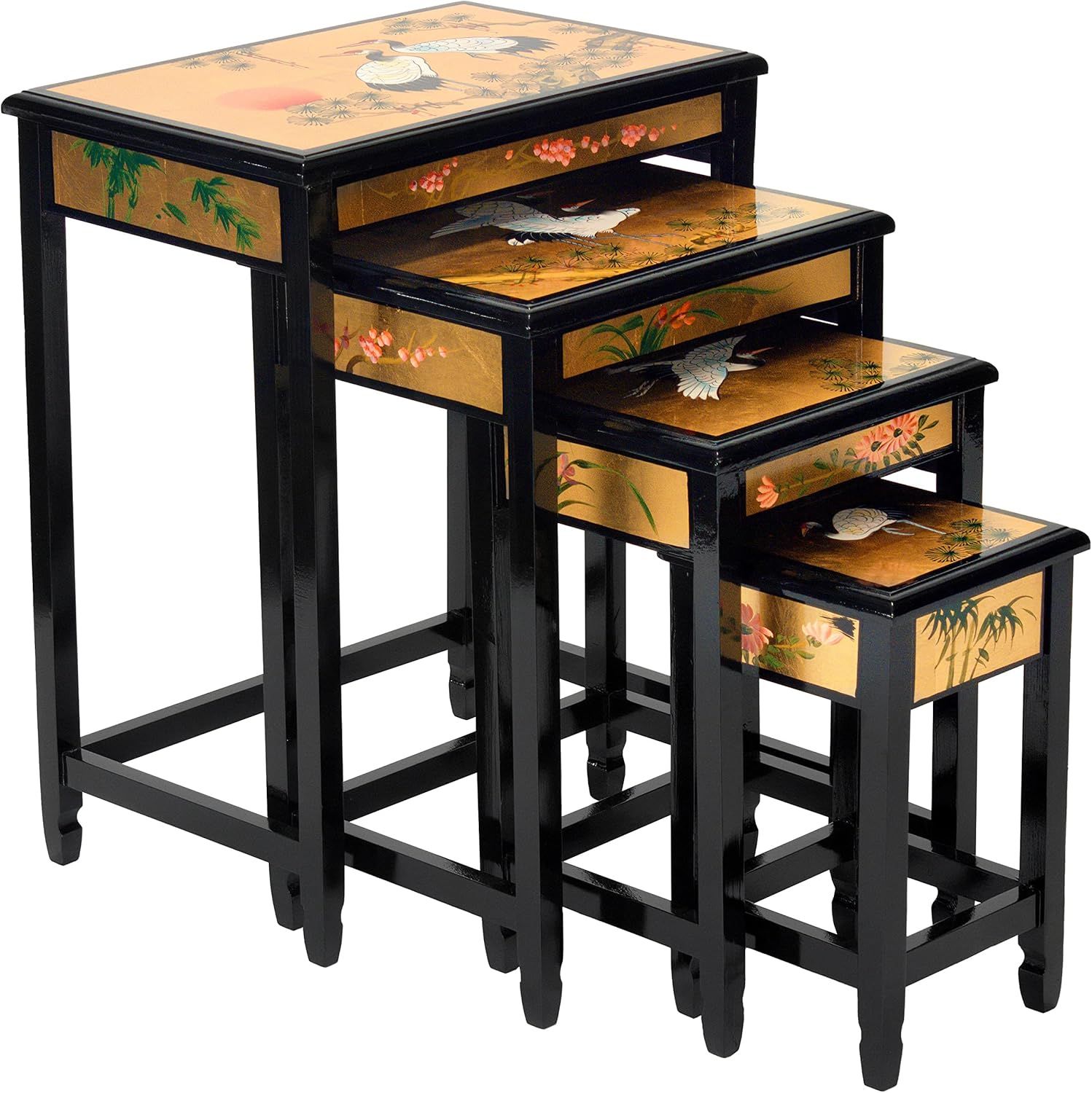 Gold Lacquer Cranes Design Nesting Tables Set