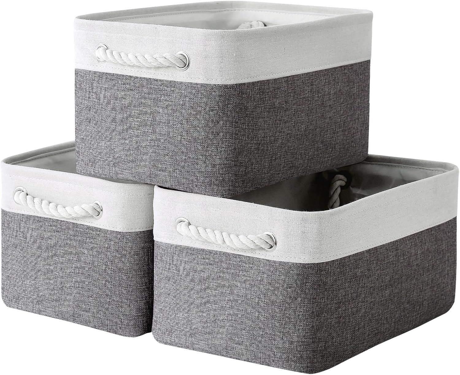 Large White and Gray Canvas Collapsible Storage Bins, 3-Pack