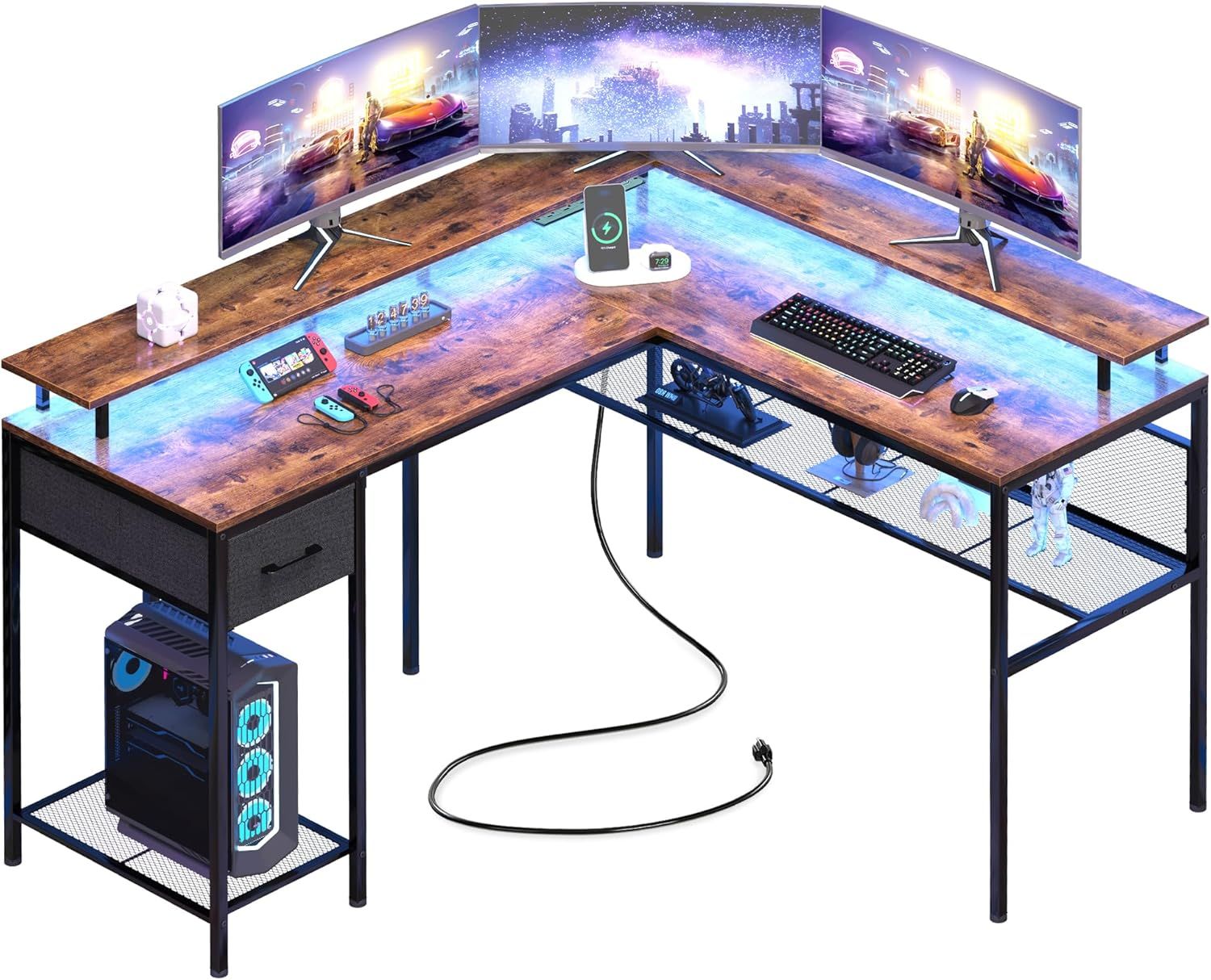 Rustic Brown L-Shaped Computer Desk with LED Lights and Storage