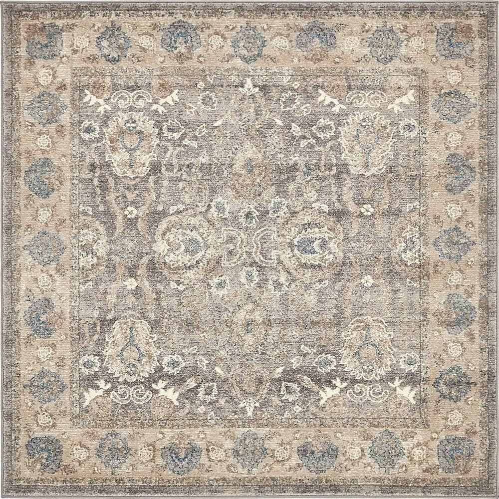 Light Blue Floral Synthetic Square Rug, 5' x 5'