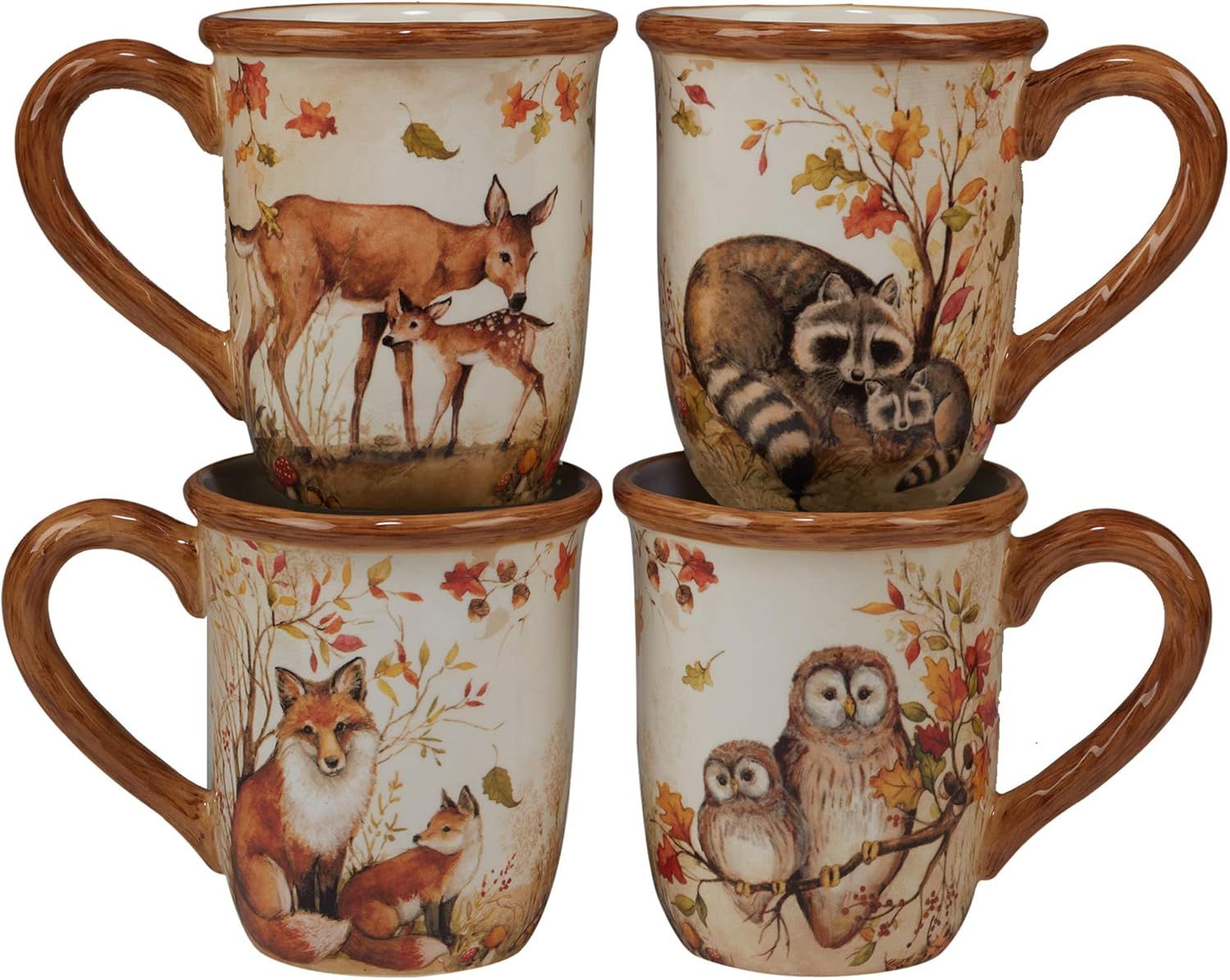 Pine Forest Ceramic Fall Animal Mugs, Set of 4